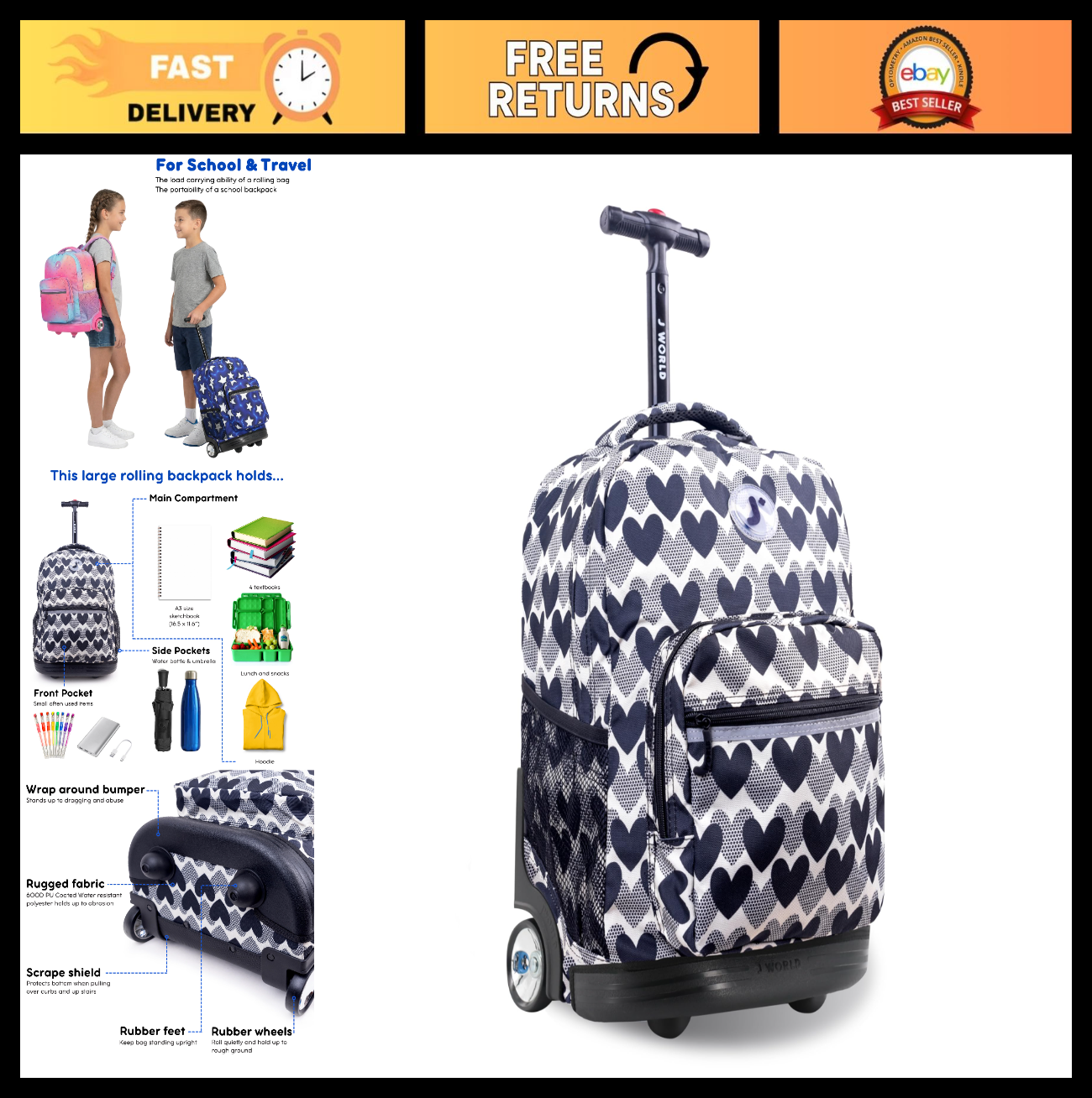 Rolling Backpack with Wheels, Heart Dot Design, Lightweight Travel Bag, School B0