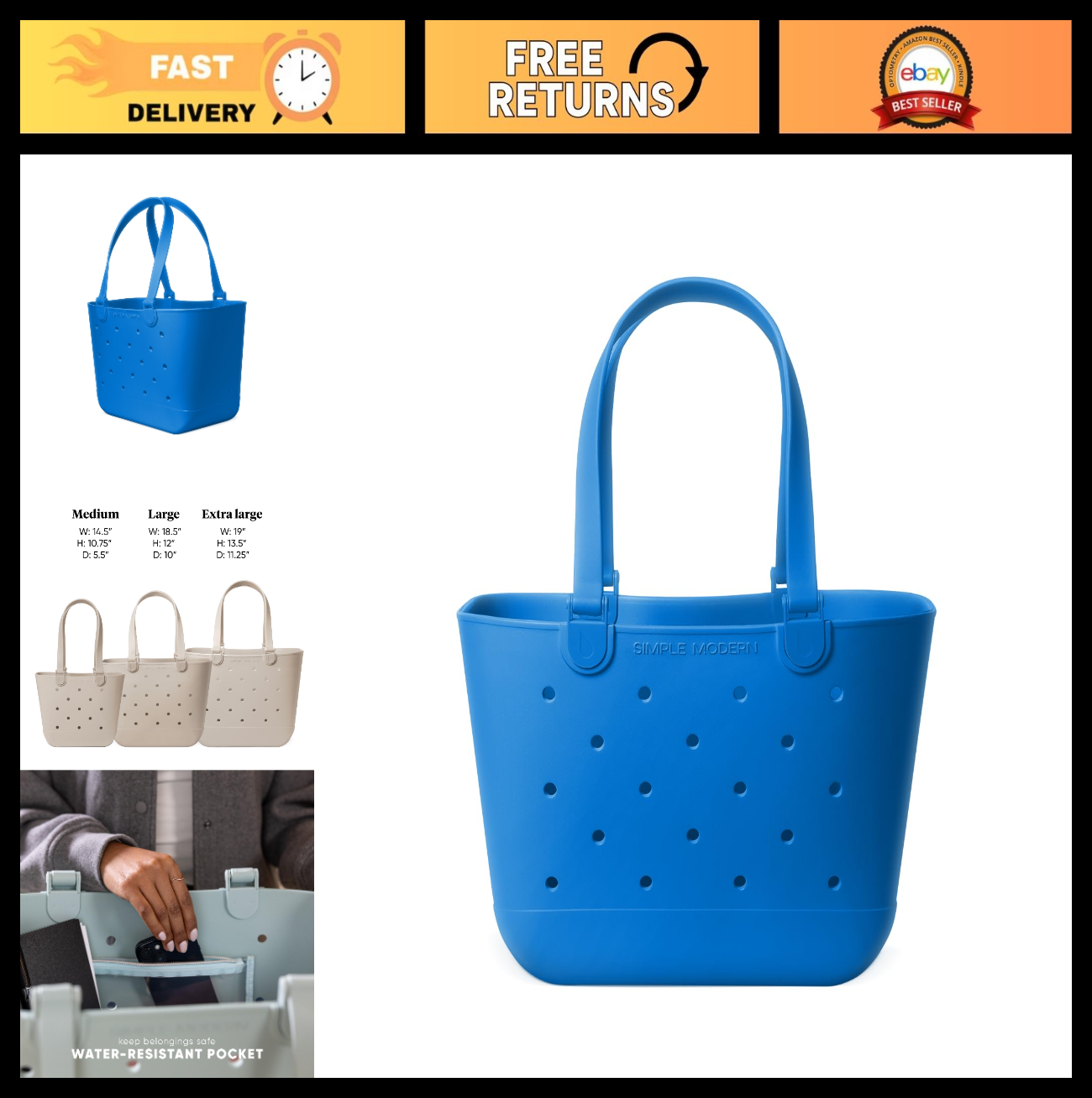 Large Waterproof Beach Tote Bag | Zipper Pocket | Travel & Pool Bag | Blue0