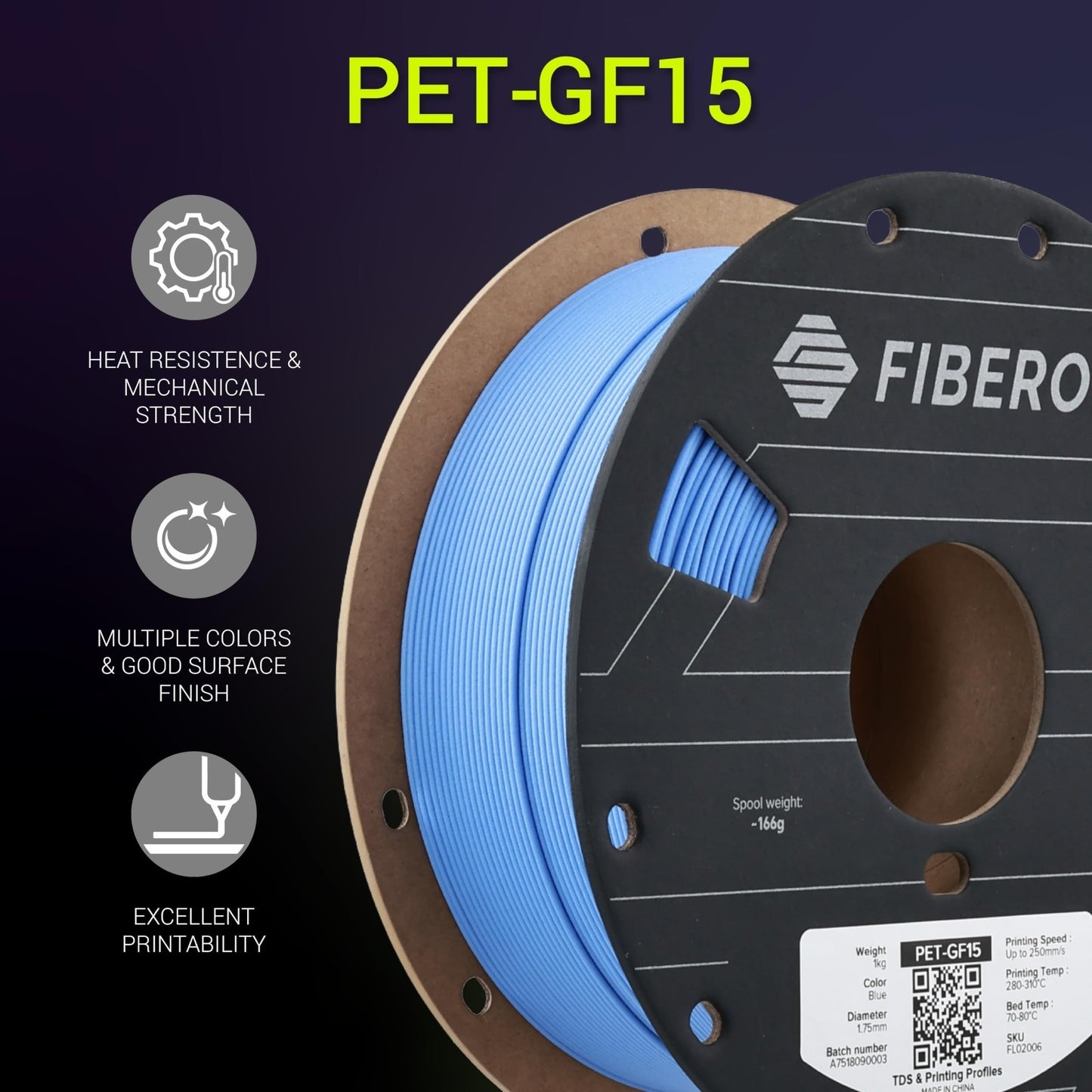 High Strength 1.75mm PET-GF15 Filament 1KG - Glass Fiber Reinforced, Rigid, Dura3