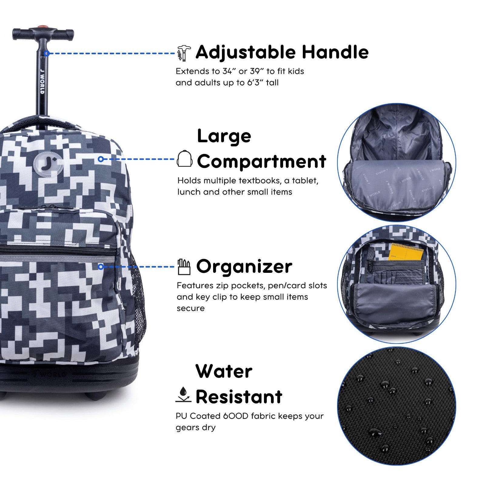 Kids Rolling Backpack with Wheels, Camo Roller Bookbag for School, 18"x13"x94