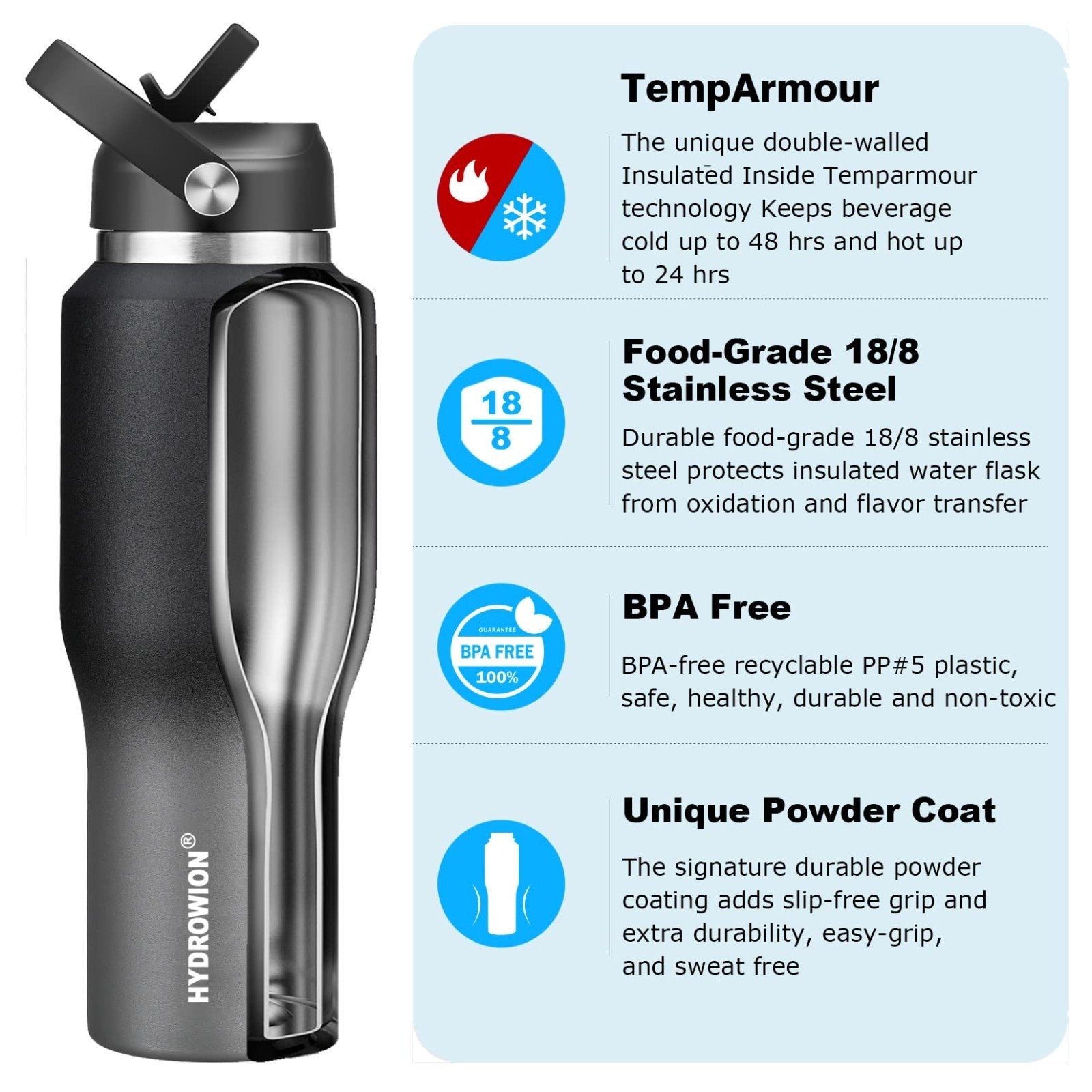 Insulated 40 oz Stainless Steel Water Bottle - Keeps Cold 48hrs, Hot 24hrs, Leak4