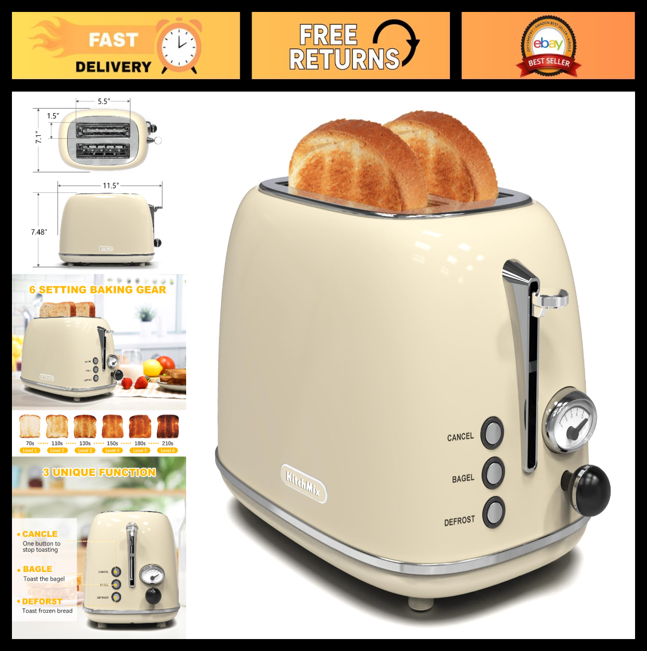 Retro Stainless Steel 2 Slice Toaster with 6 Settings, Extra Wide Slots, Bagel/D0