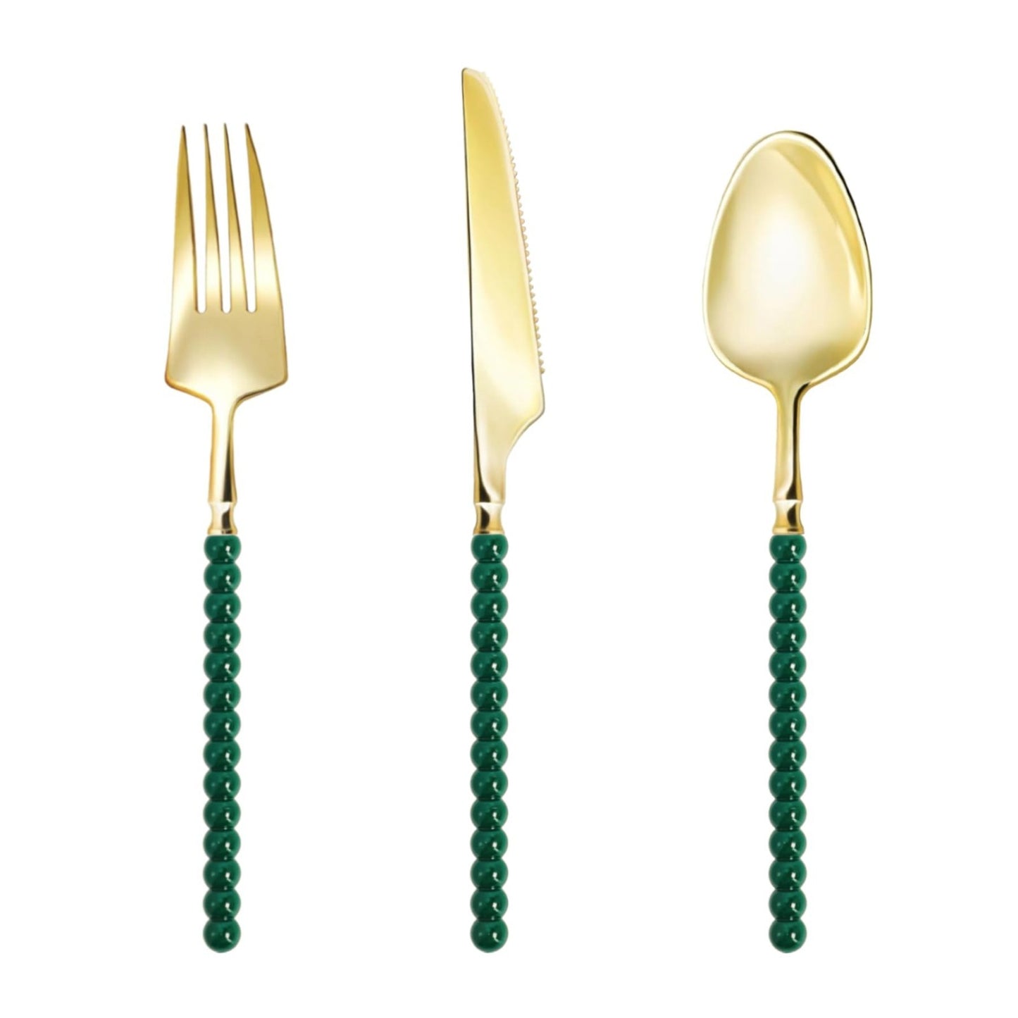150 Pcs Gold Plastic Cutlery Set | Fancy Disposable Utensils with Green Beads, 51