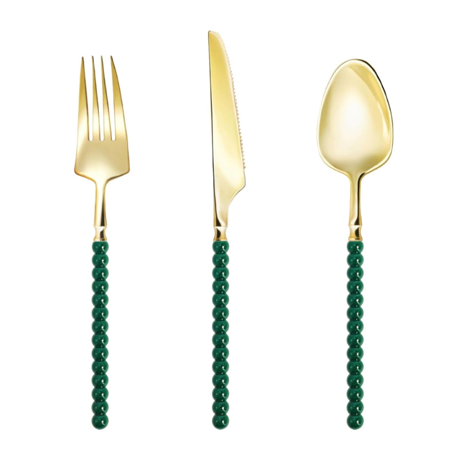 150 Pcs Gold Plastic Cutlery Set | Fancy Disposable Utensils with Green Beads, 51