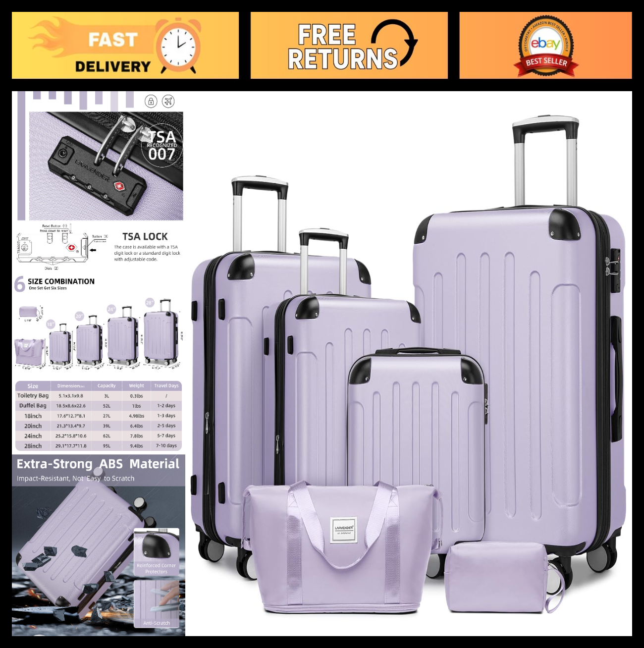 6-Piece Expandable Luggage Set, Hardside Suitcases with 360° Spinner Wheels, TSA0