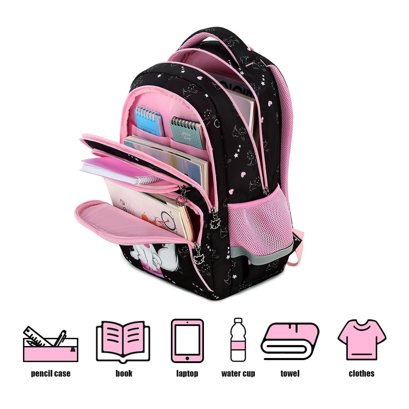 Girls' 16" Cat Print School Backpack for Kids Ages 6 10, Cute Bookbag for Elemen4