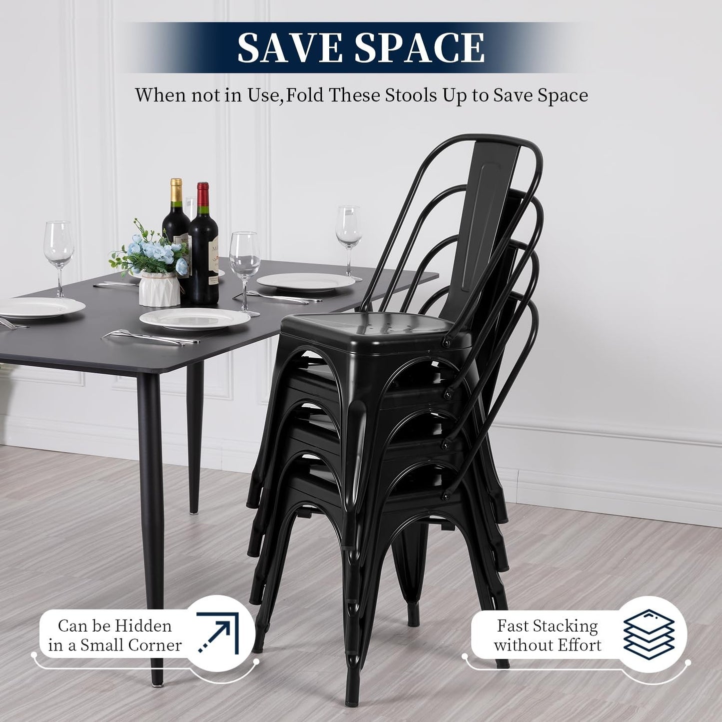 Set of 4 Metal Dining Chairs   Black, Stackable Tolix Style, 330lbs Capacity, In3
