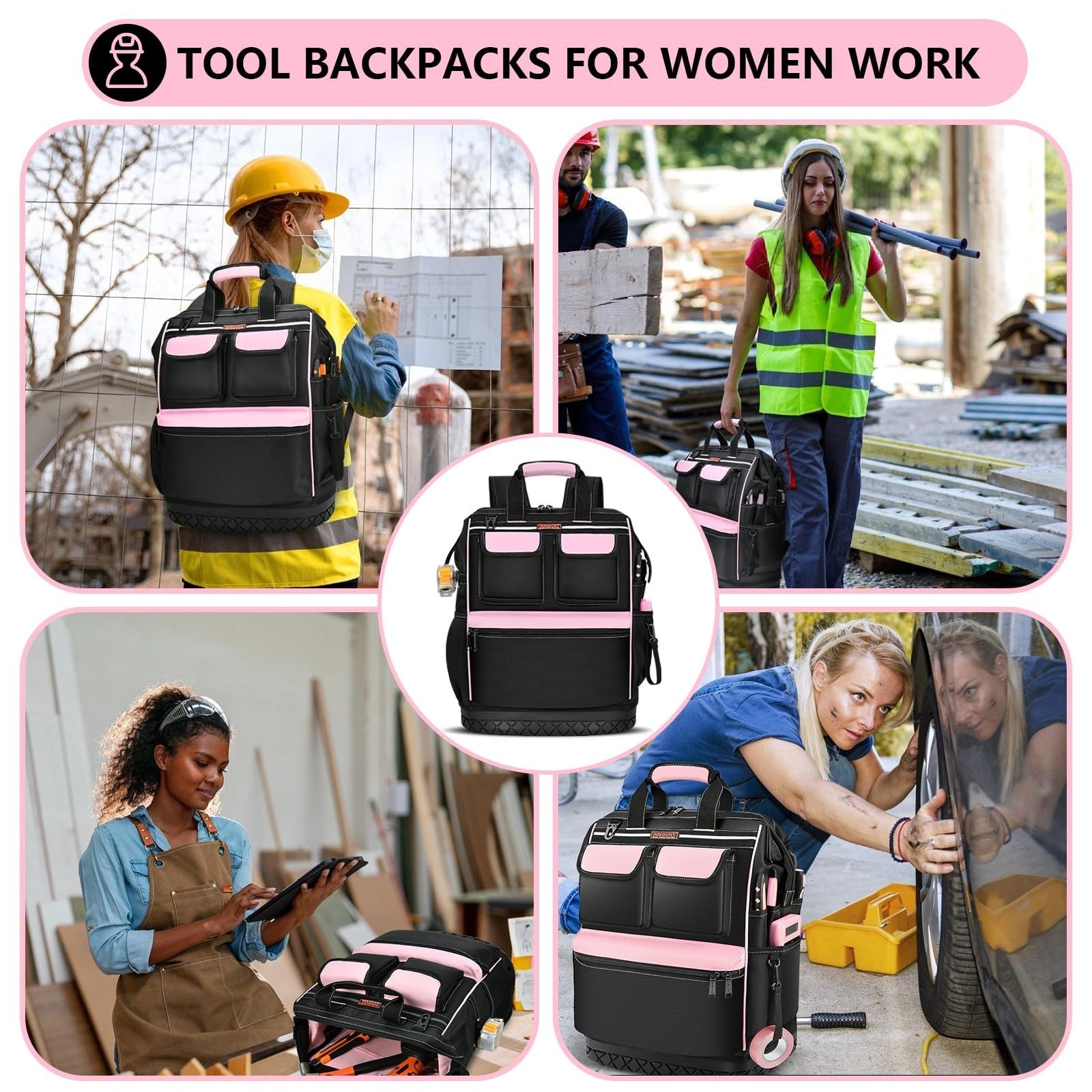 Pink Tool Bag for Women   Waterproof Wide Open Tool Backpack with Double Zipper,6