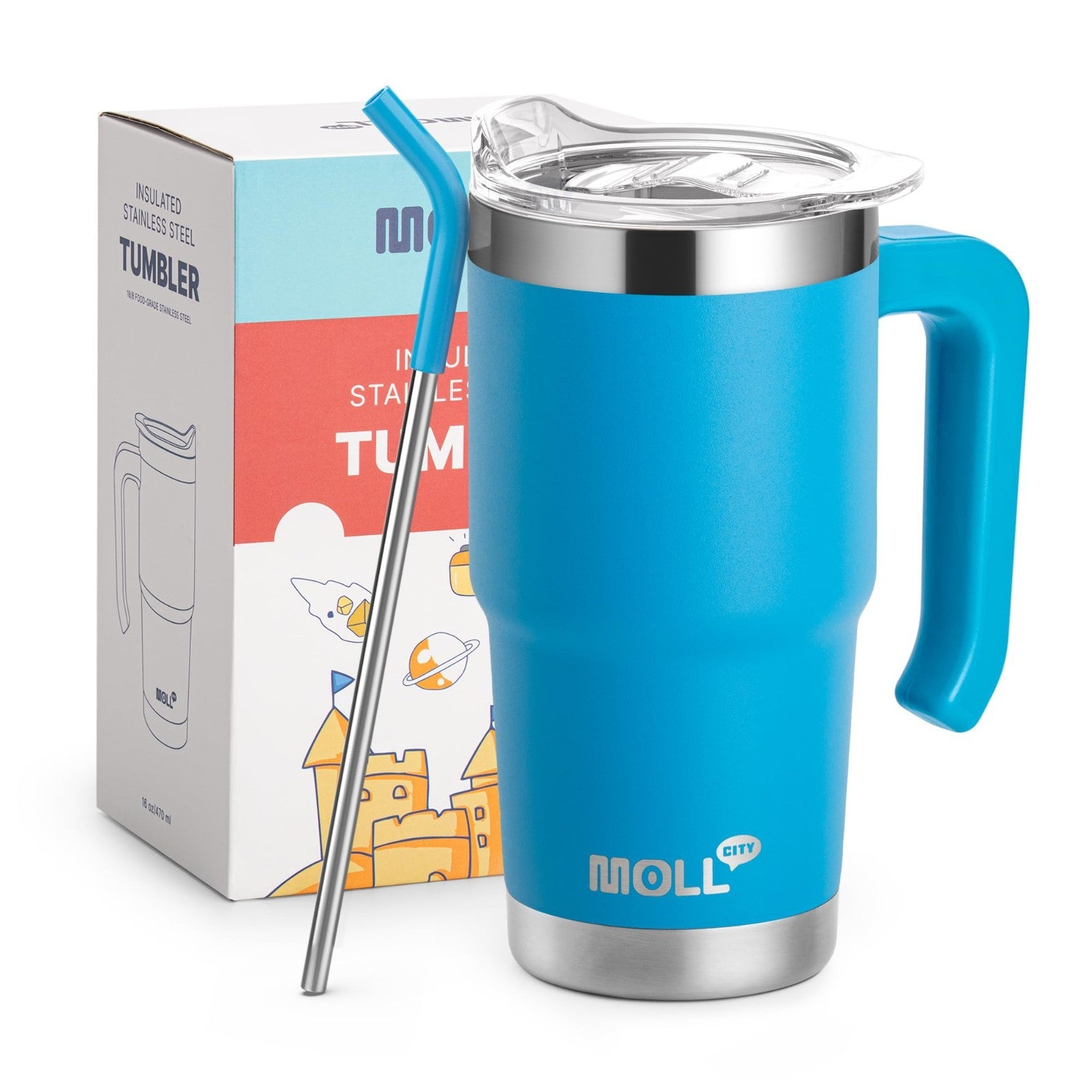 16 oz Stainless Steel Tumbler with Straw   Double Wall Insulated Travel Mug, Lid1