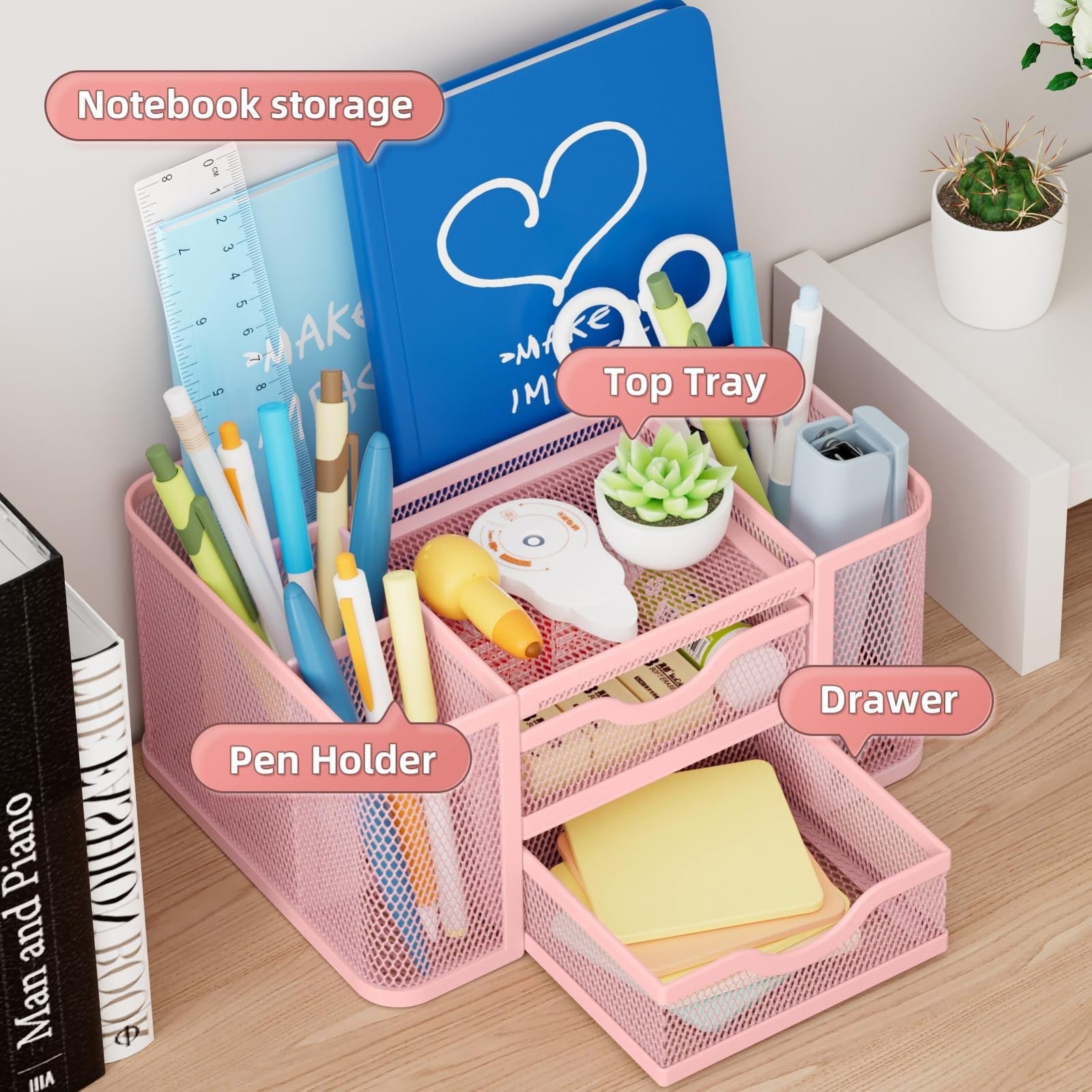 Multi Functional Mesh Desk Organizer with 2 Drawers, 5 Compartments   Pink Penci3