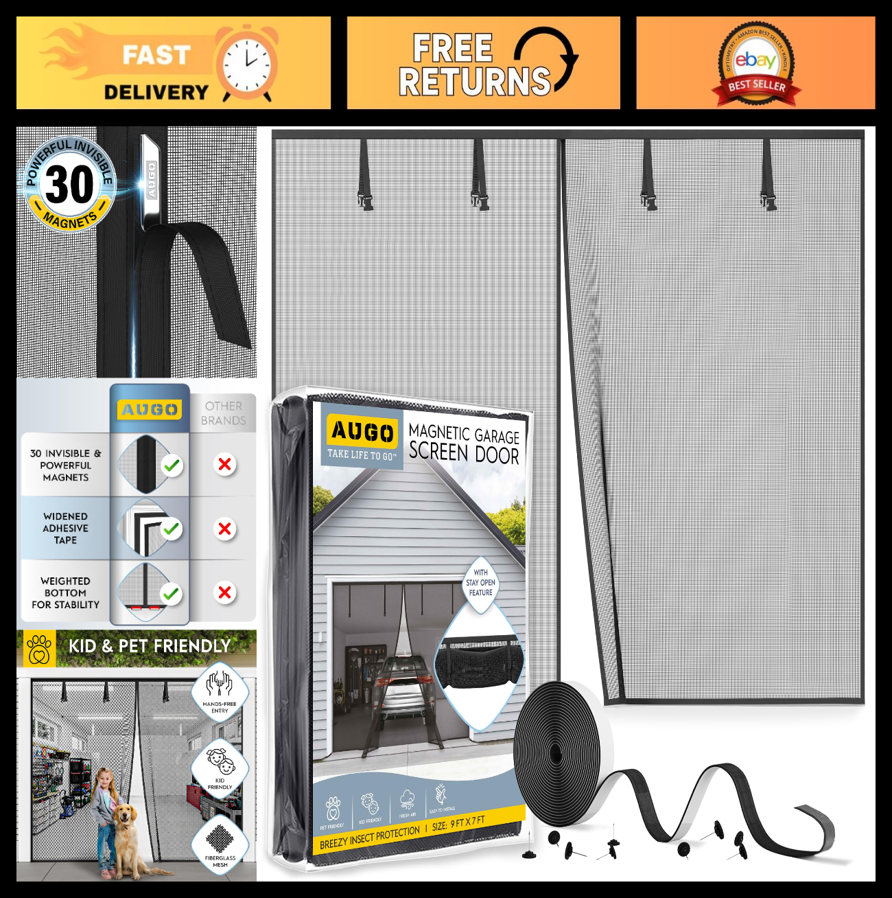 Magnetic Garage Door Screen   Heavy Duty Mesh, Pet & Kid Friendly, 9' x 7'0