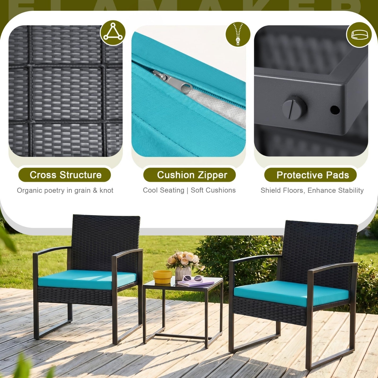 3 Piece Outdoor Wicker Patio Furniture Set | Modern Bistro Chairs & Coffee Table4