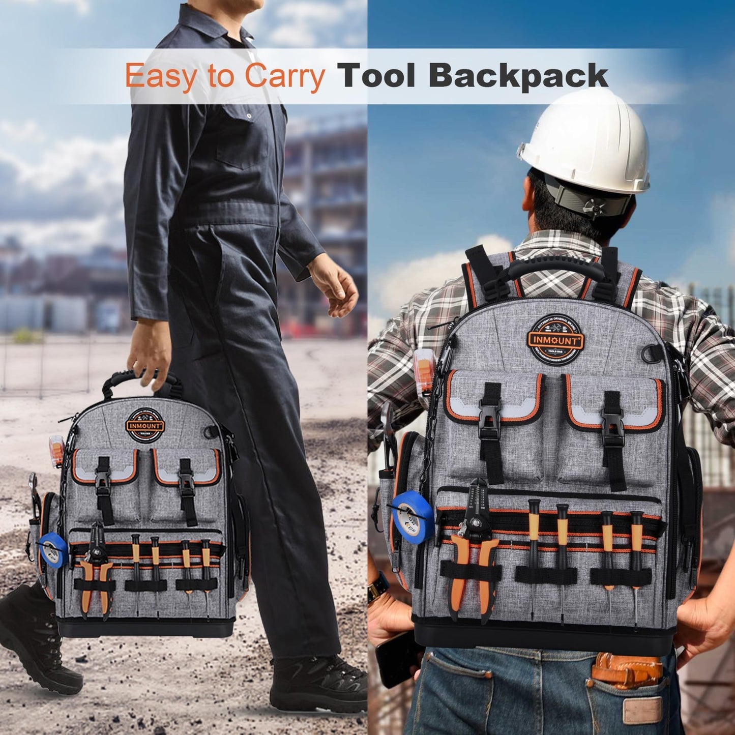 Heavy Duty Tool Backpack 18.5"   56 Pockets, Molded Bottom, Gray Storage Bag7