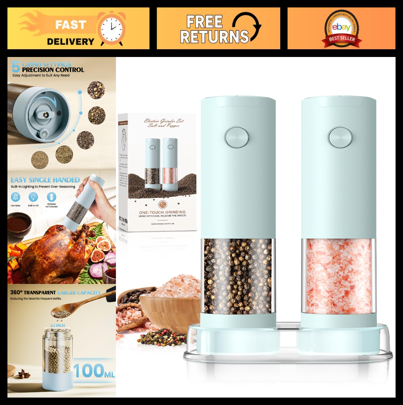 Automatic Electric Salt & Pepper Grinder Set   Adjustable Coarseness, LED, Large0