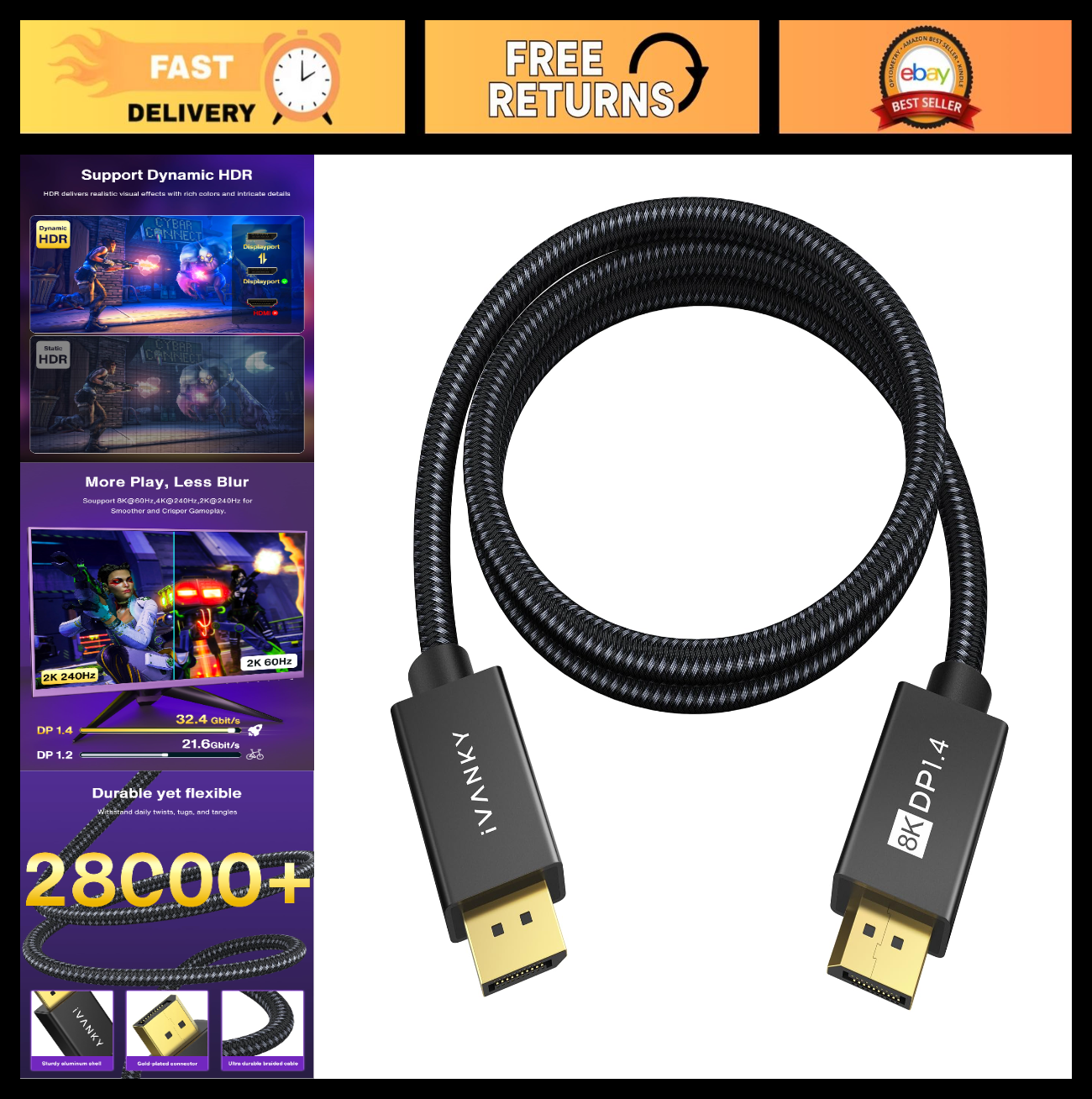 8K DisplayPort 1.4 Cable 3ft, High Speed DP to DP Cord, 32.4Gbps, 8K@60Hz, Gamin0