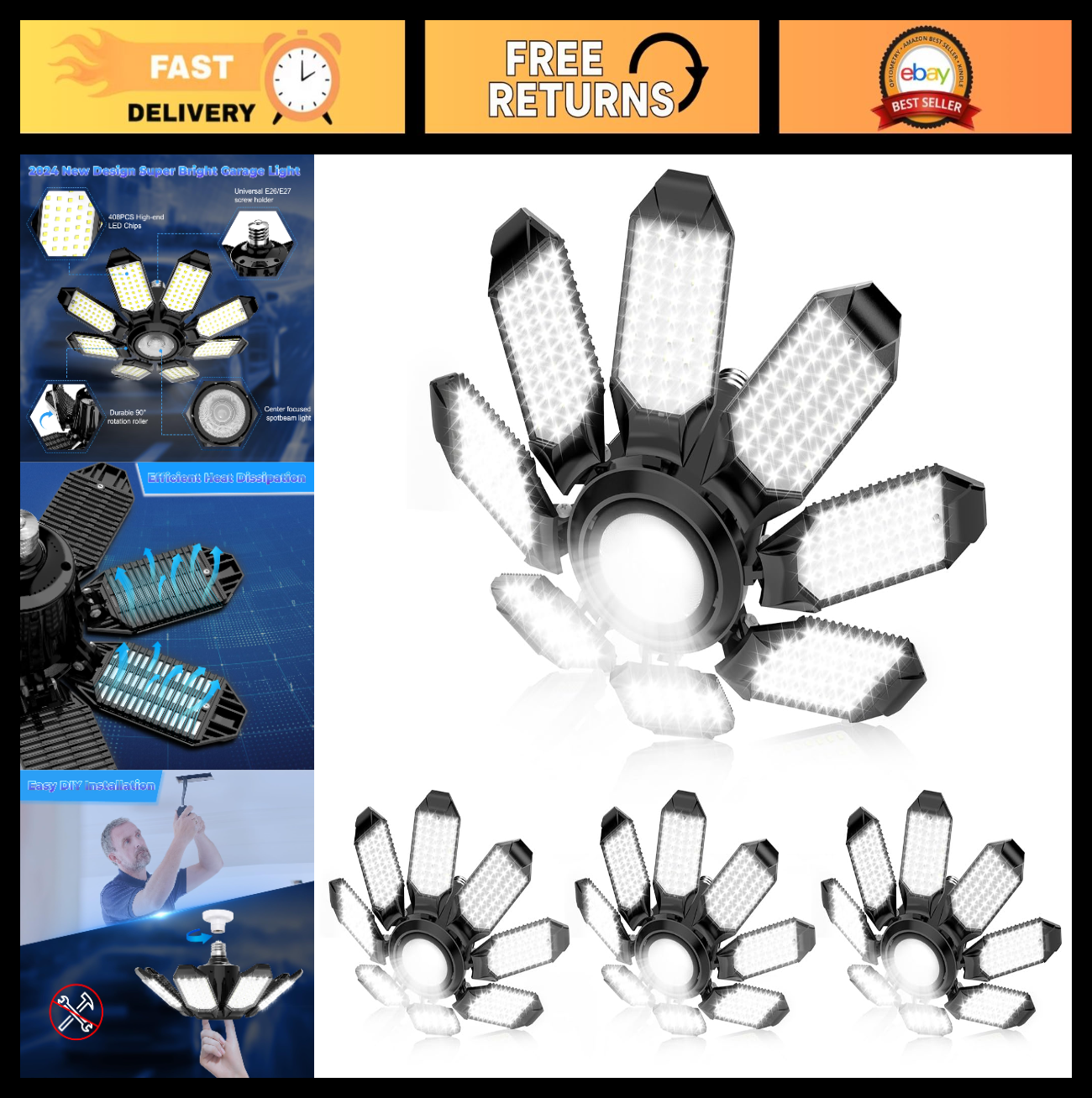 Super Bright 250W LED Garage Ceiling Light   8 Deformable Panels, 6500K, E26/E270