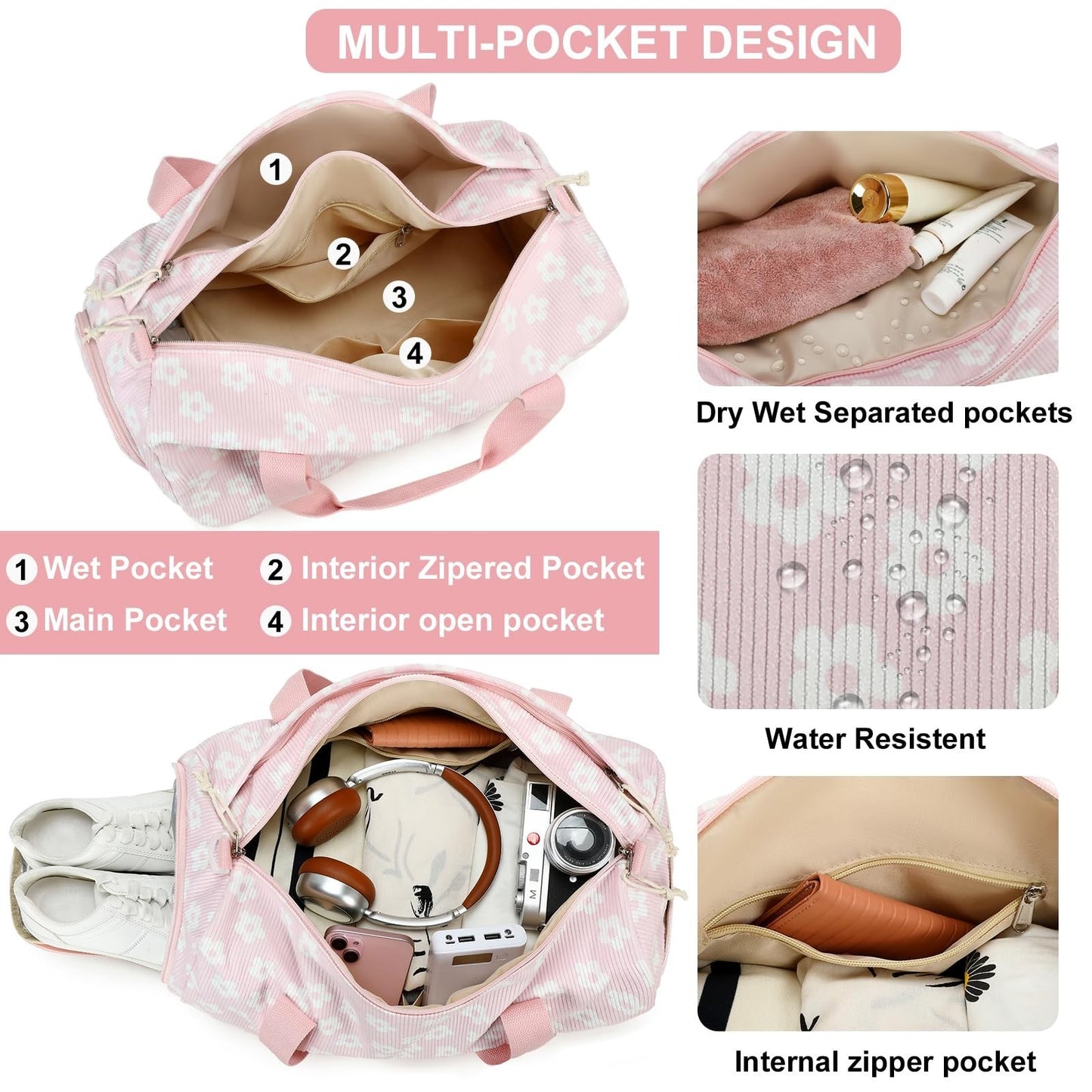 Cute Gym Duffle Bag for Girls - Waterproof Sports Overnight Bag with Shoe Compar3