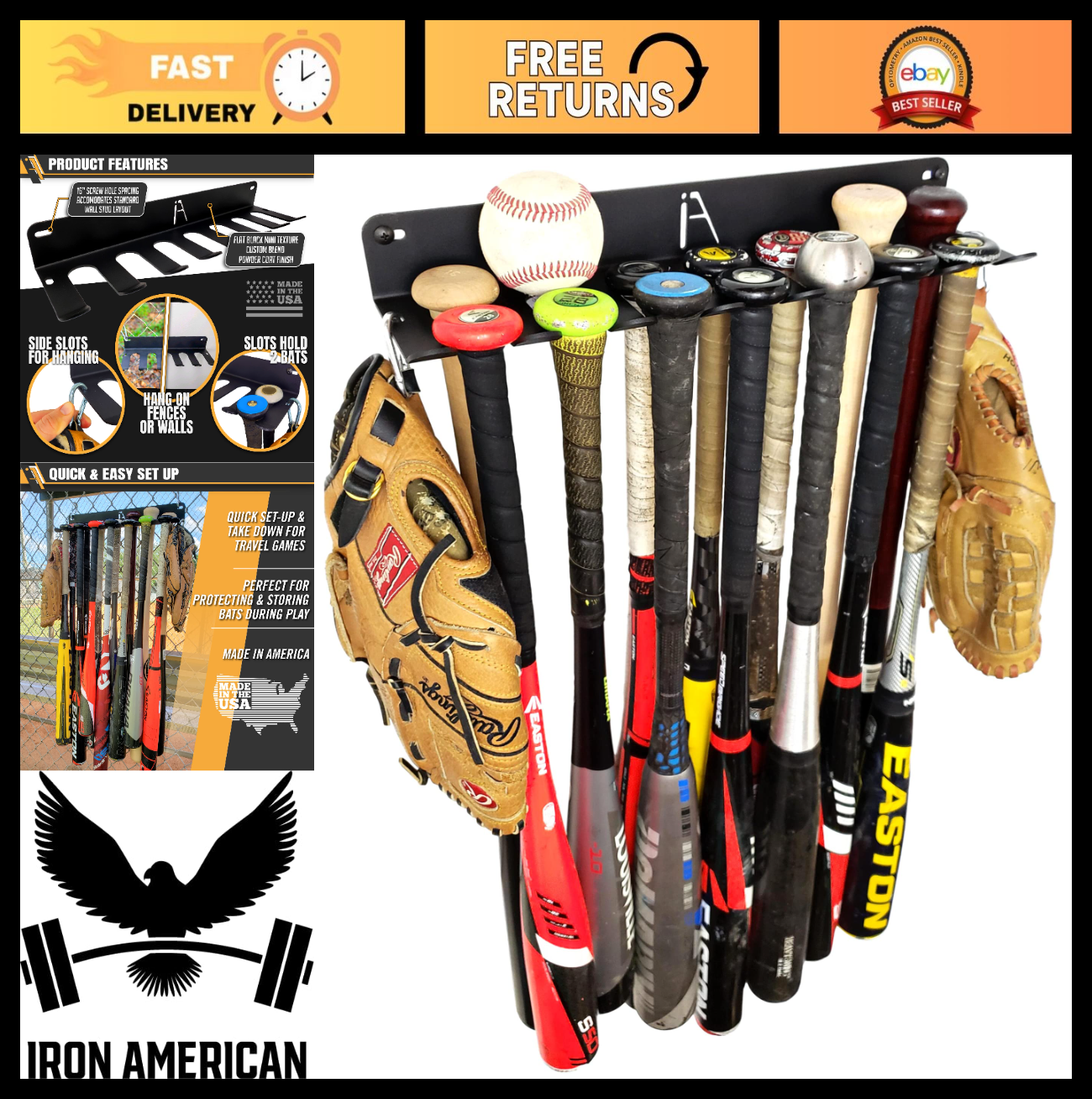 Heavy Duty Baseball Softball Bat Rack - Holds 14 Bats, Wall/Fence Mounted, Steel0