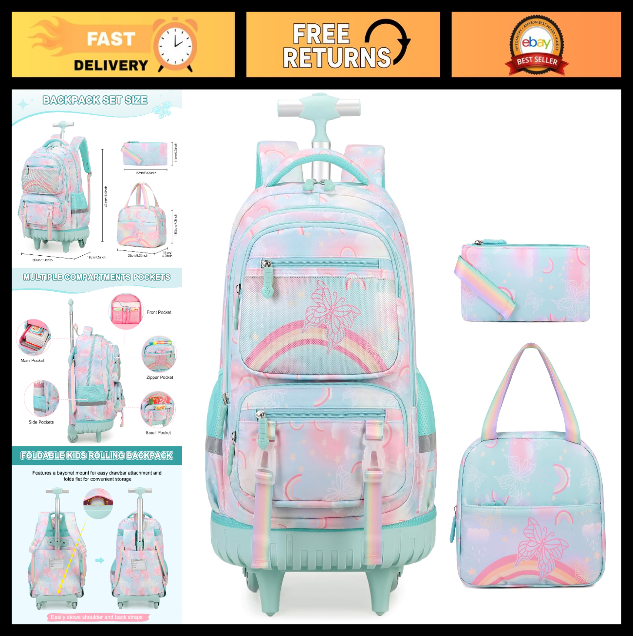 Rainbow Butterfly Rolling Backpack Set for Girls   3PCS with Lunch Box (Green)0