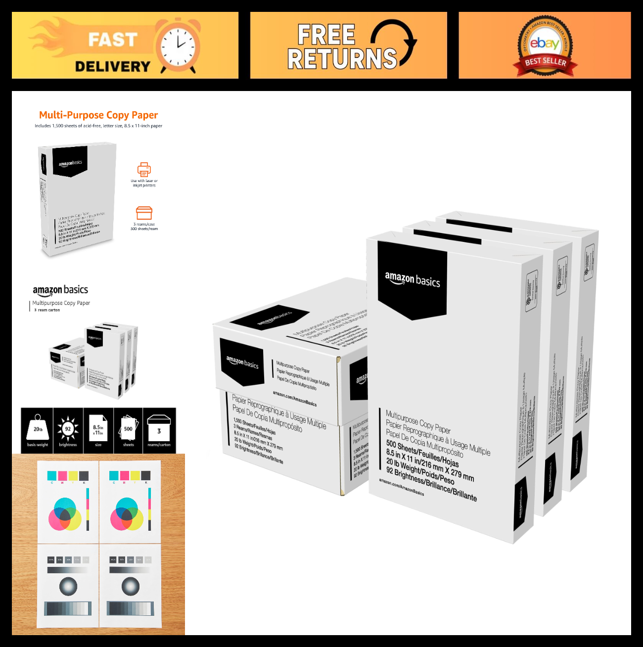 Multipurpose Copy Printer Paper, 20 lb, 8.5x11", 1500 Sheets, Bright White, 3 Re0