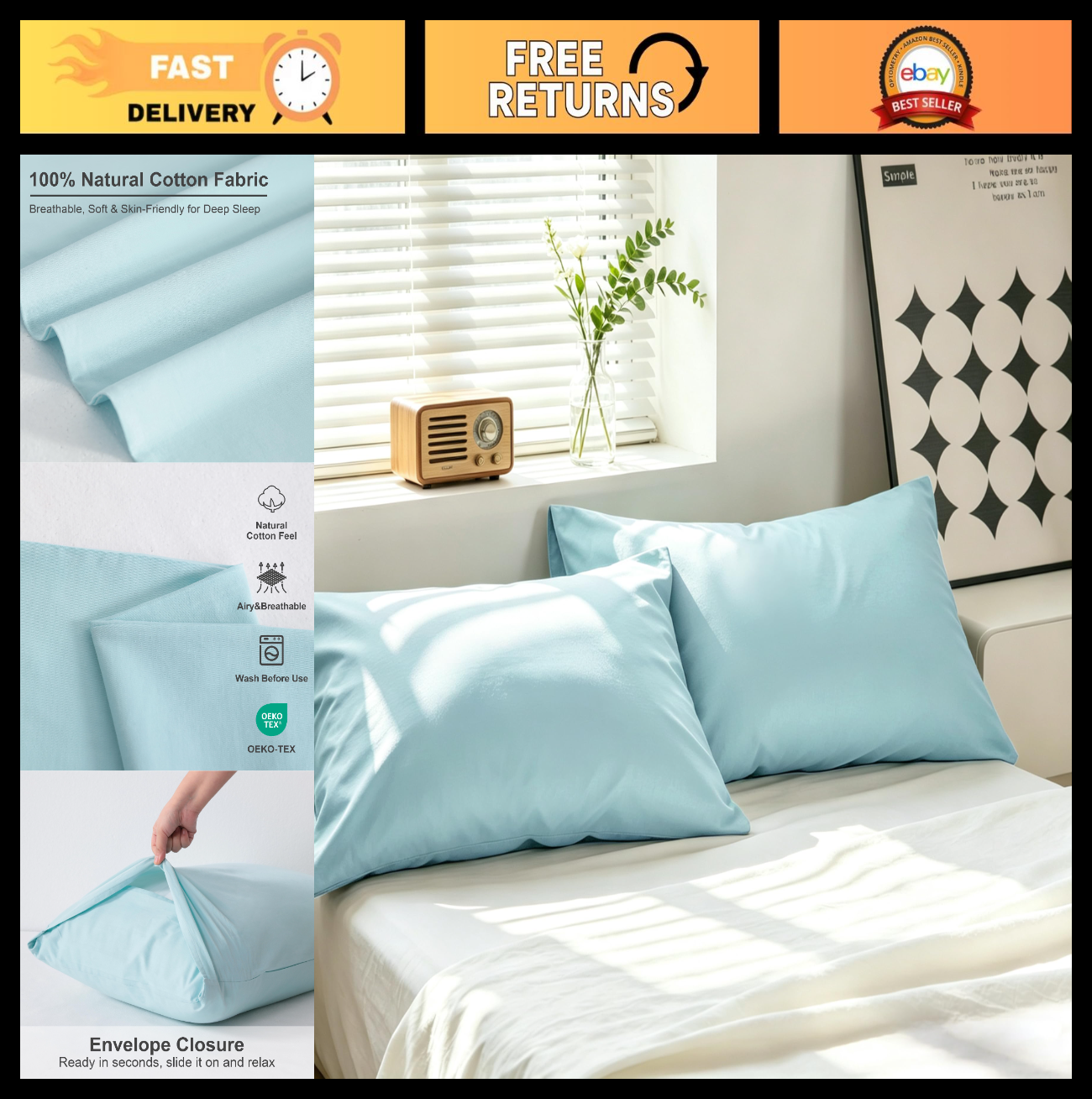 100% Cotton Pillow Cases 2 Pack - Soft, Breathable, Fade Resistant, 20x26 Light0