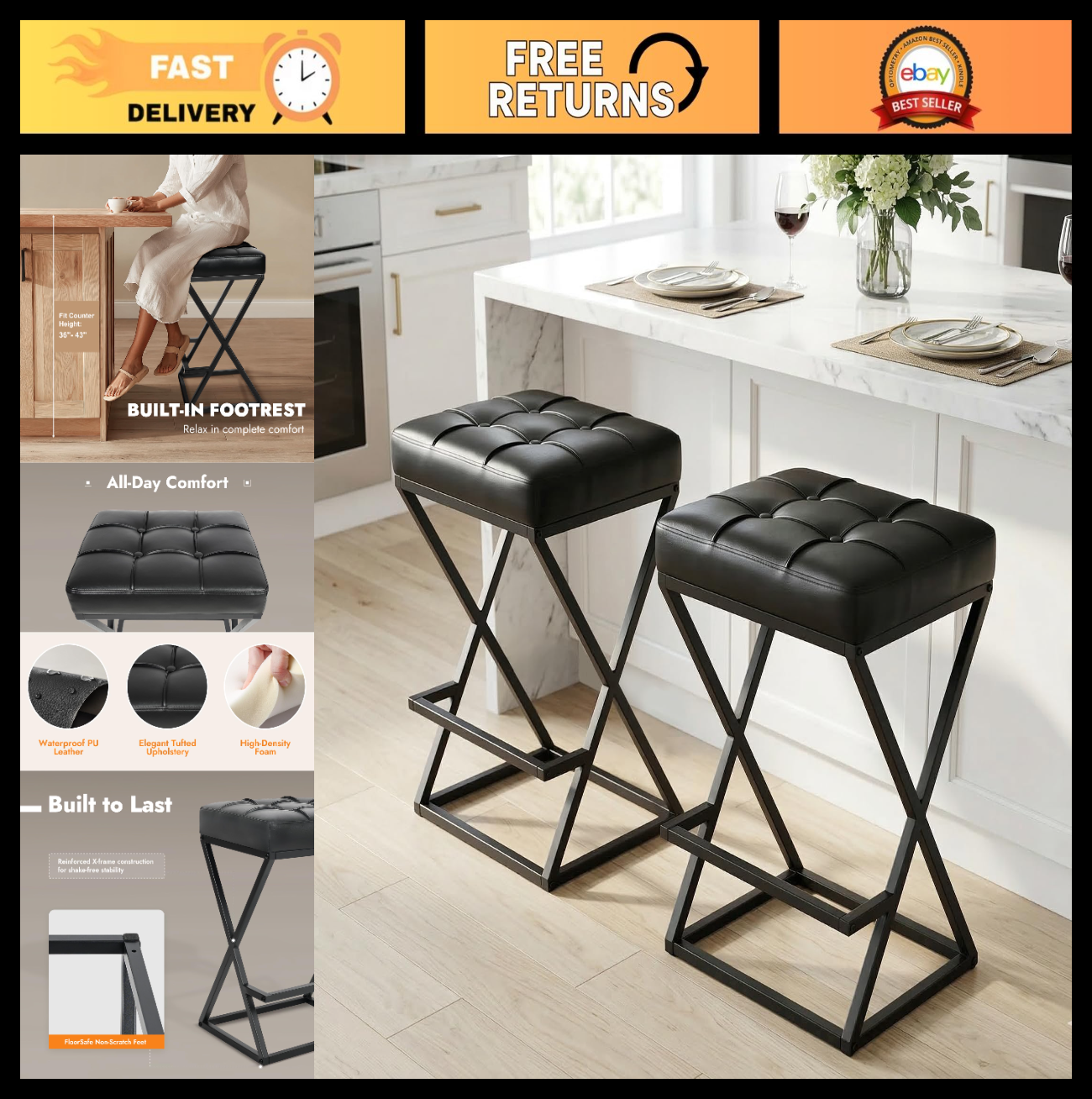 Set of 2 Backless 26" Counter Height Bar Stools, Faux Leather, Modern X-Frame Me0