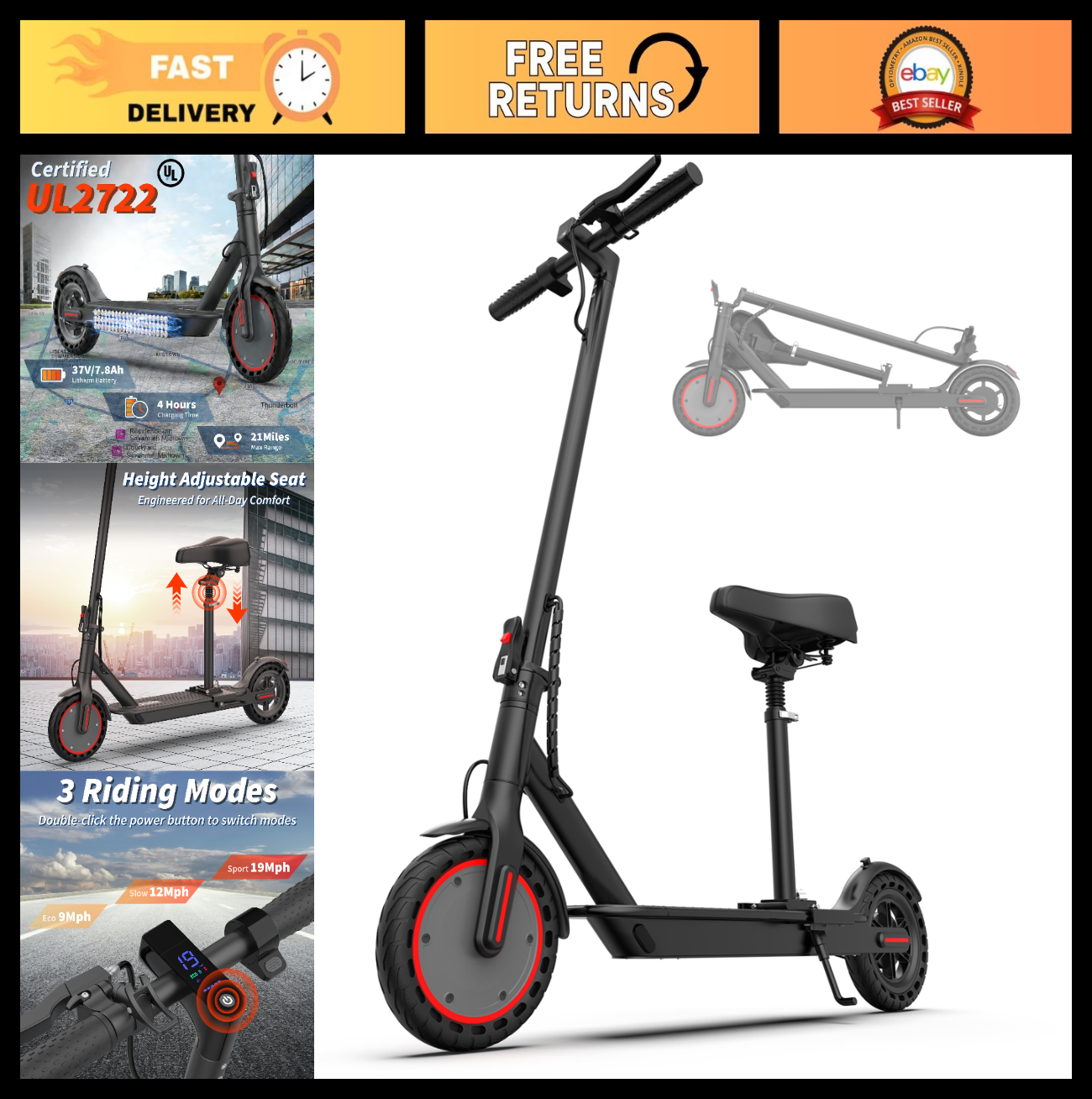 350W-500W Electric Scooter, 9-22 MPH, 10-41 Mile Range, Dual Suspension, Foldabl0