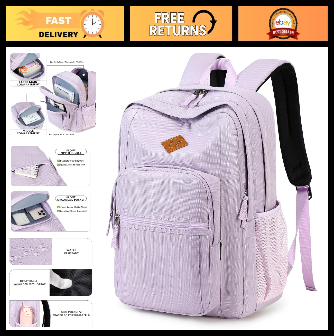 Solid Color Backpack for Girls & Women   Water Resistant School Bag, Lavender Pu0
