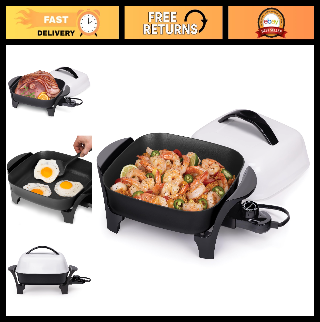 11-Inch Electric Skillet Non-Stick Cooking Pan, Adjustable Temperature, Easy Cle0