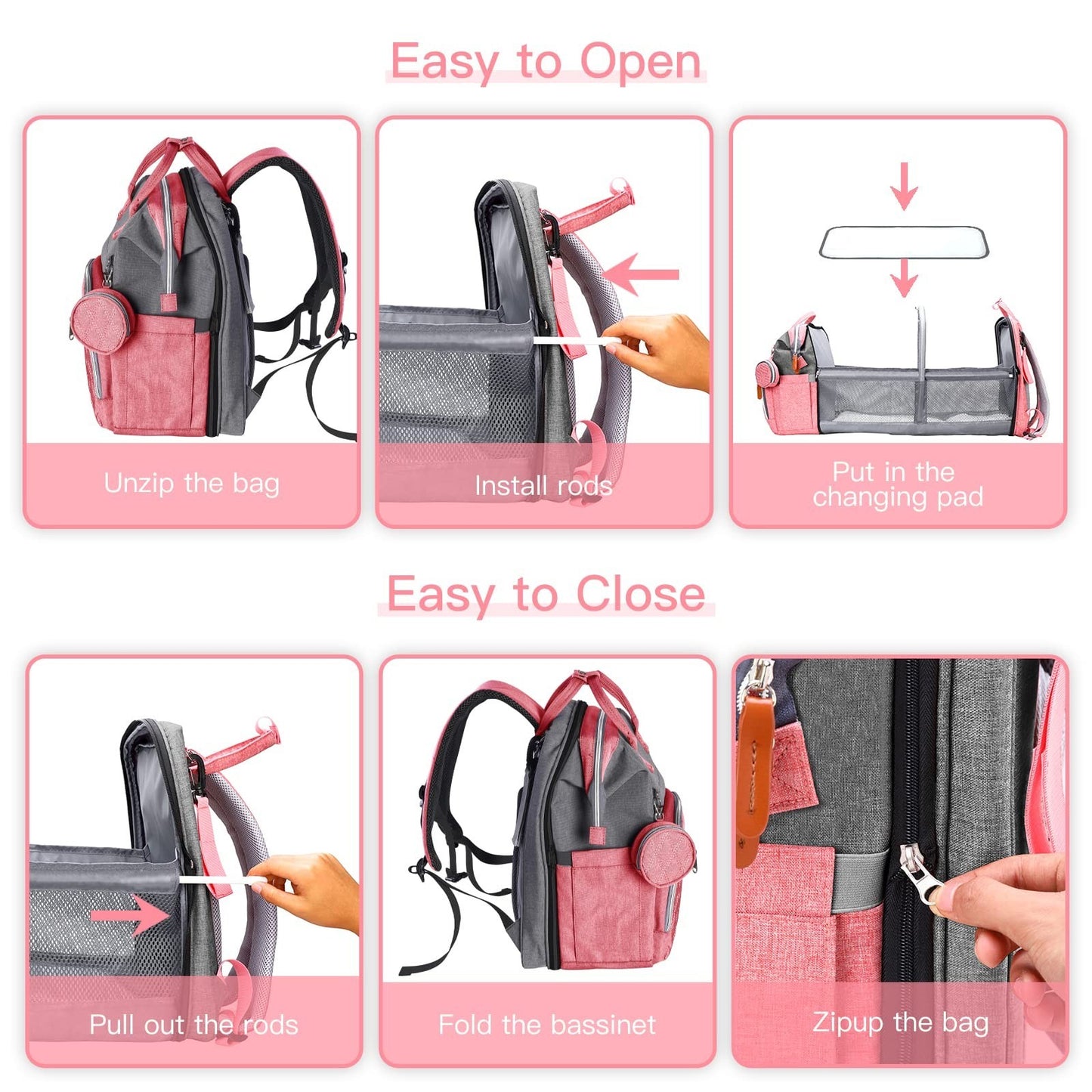 Diaper Bag Backpack with Changing Station, Stylish Baby Bag for Girls, Pink4