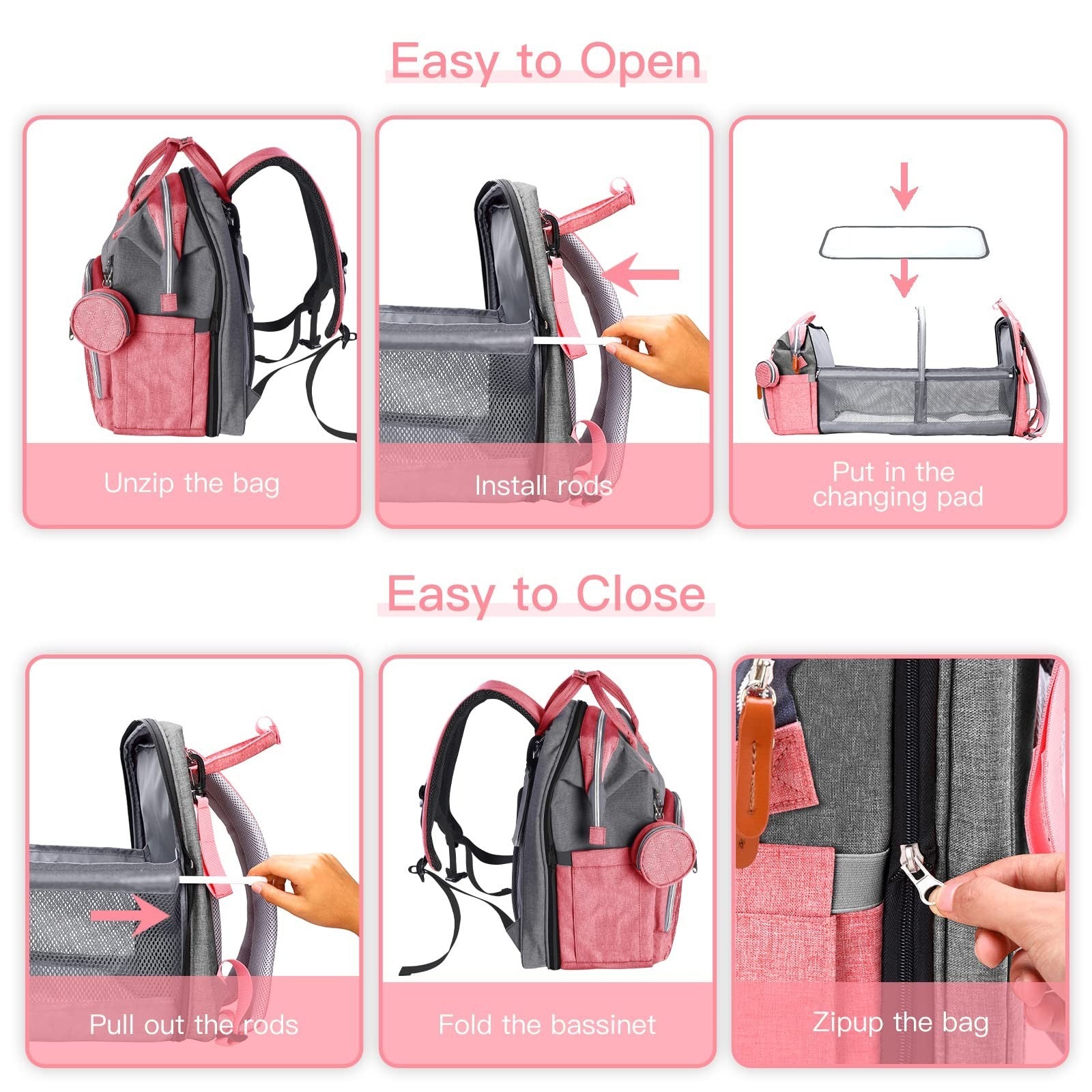 Diaper Bag Backpack with Changing Station, Stylish Baby Bag for Girls, Pink4