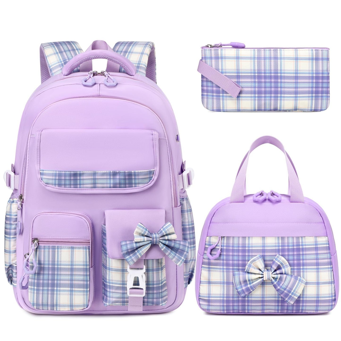 Stylish 3PCS School Backpack Set for Girls   17" Bow Plaid Bookbag & Accessories1