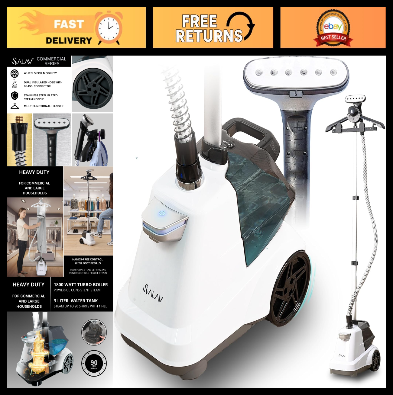 Heavy Duty Commercial Garment Steamer, 3L Water Tank, 1800W, Foot Pedals, 90+ Mi0