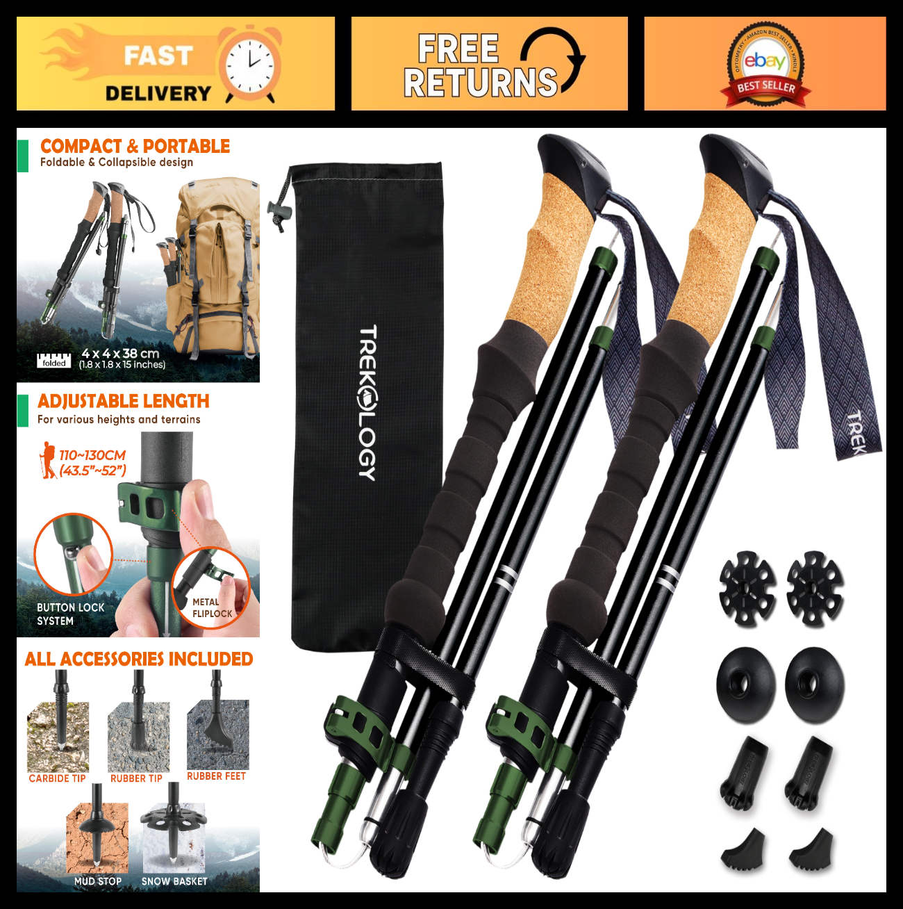 Lightweight Adjustable Trekking Poles with Cork Grip – Compact Hiking Sticks for0