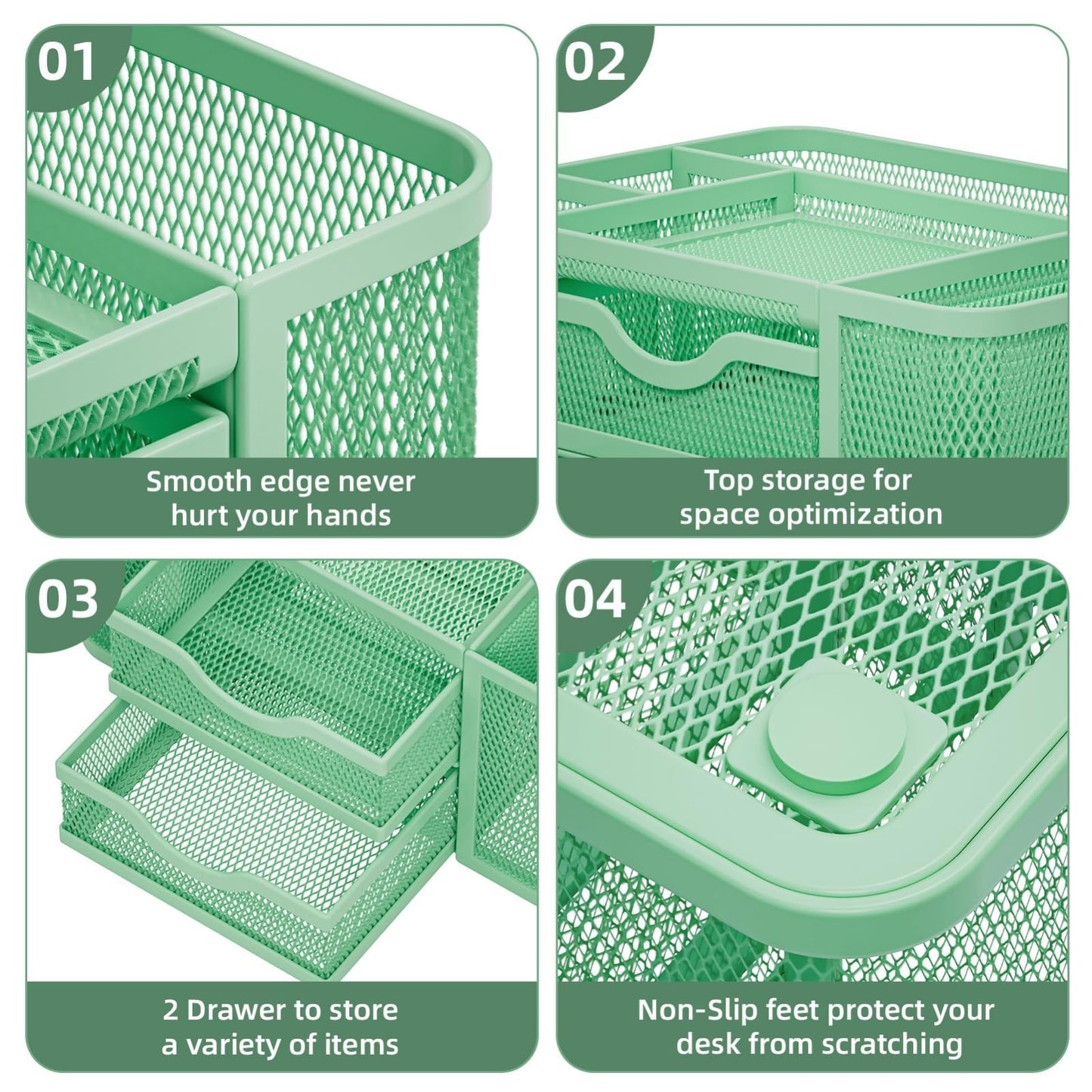Multi Functional Mesh Desk Organizer with 2 Drawers, 5 Compartments, Green Penci5