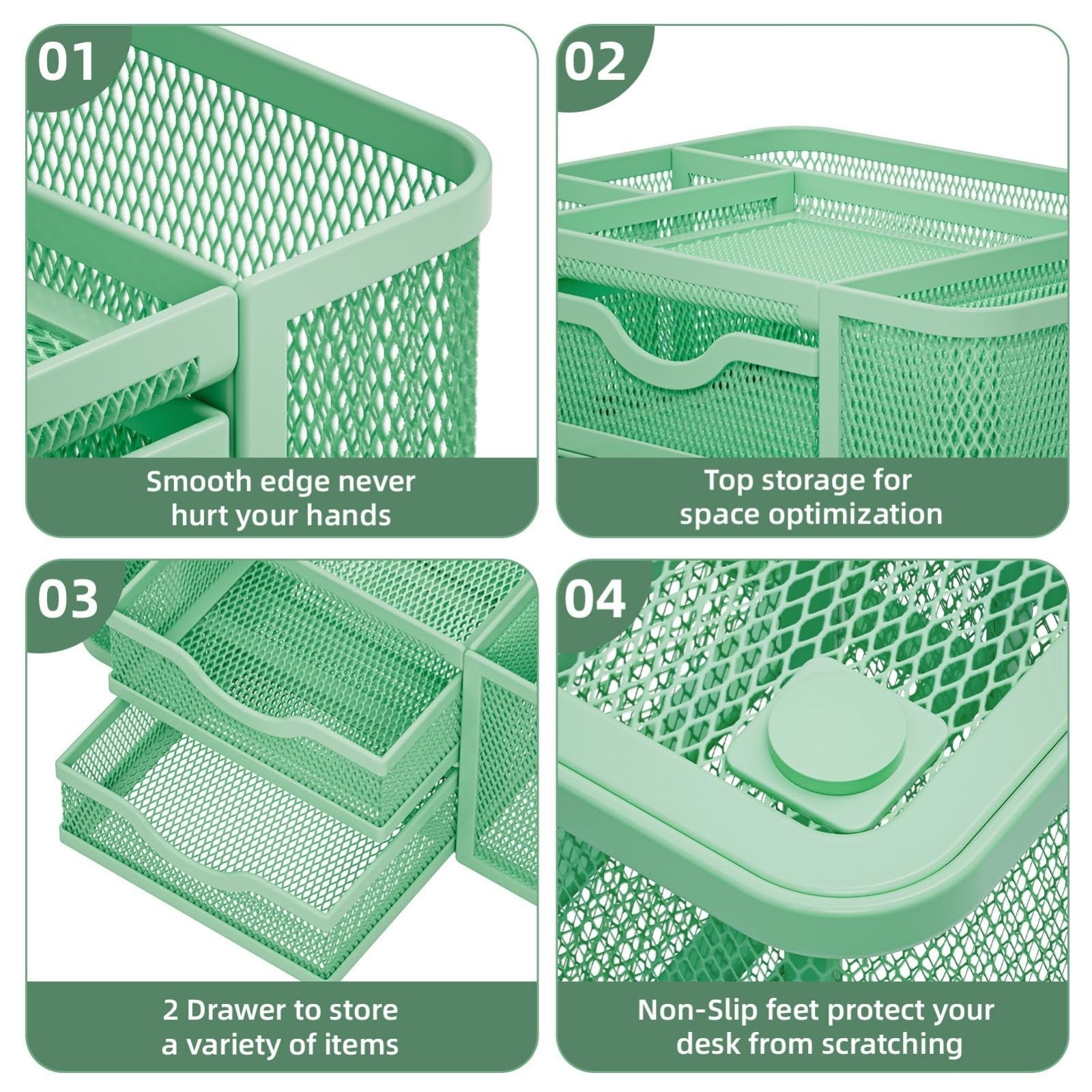Multi Functional Mesh Desk Organizer with 2 Drawers, 5 Compartments, Green Penci5