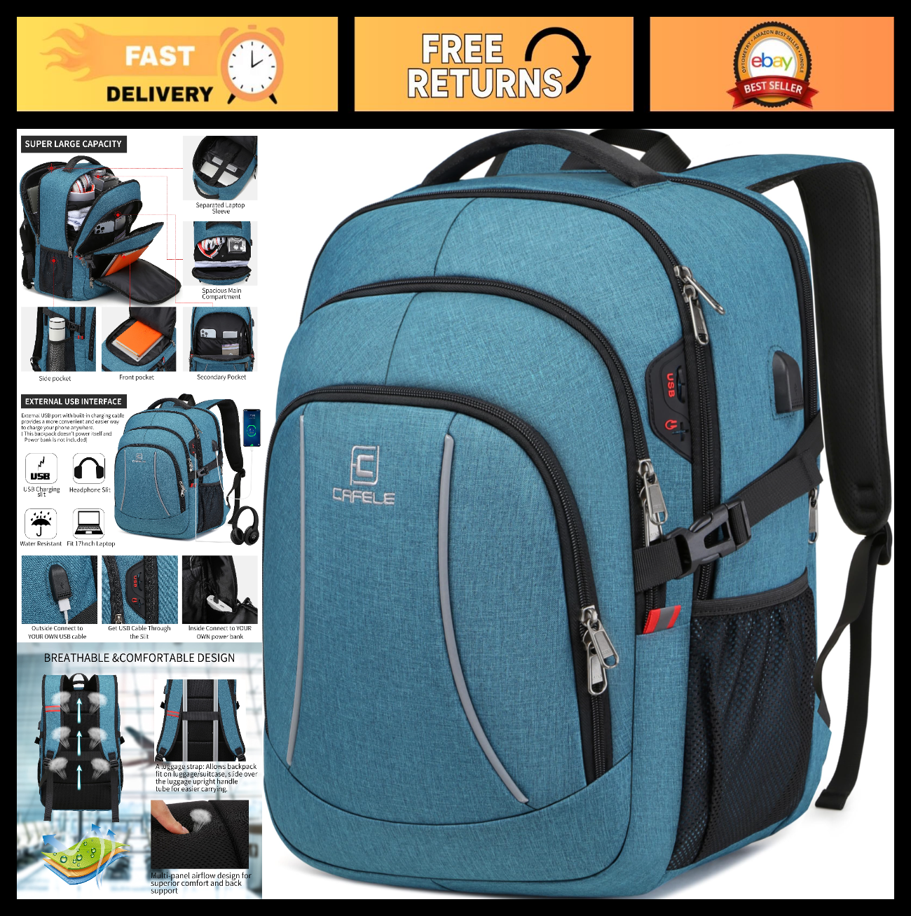 17.3" Travel Backpack with USB Charging, RFID Anti Theft Pocket, Water Resistant0
