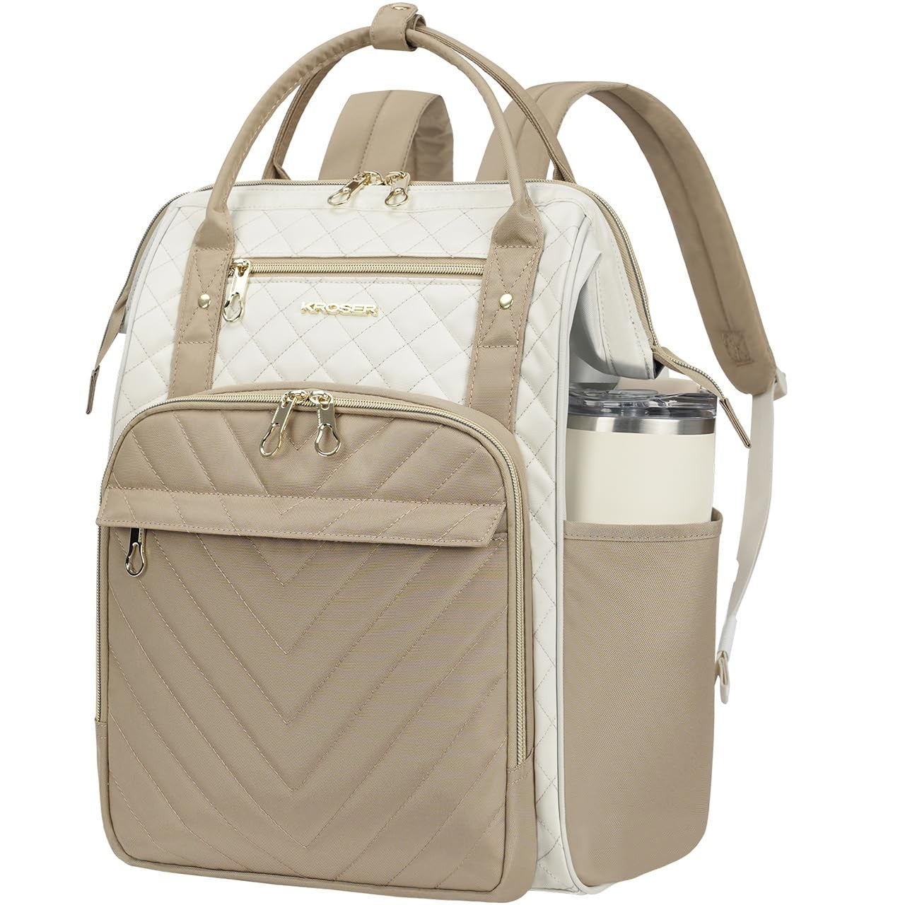 Stylish 17" Water-Repellent Laptop Backpack for College, Travel, Work - Beige/Ka1