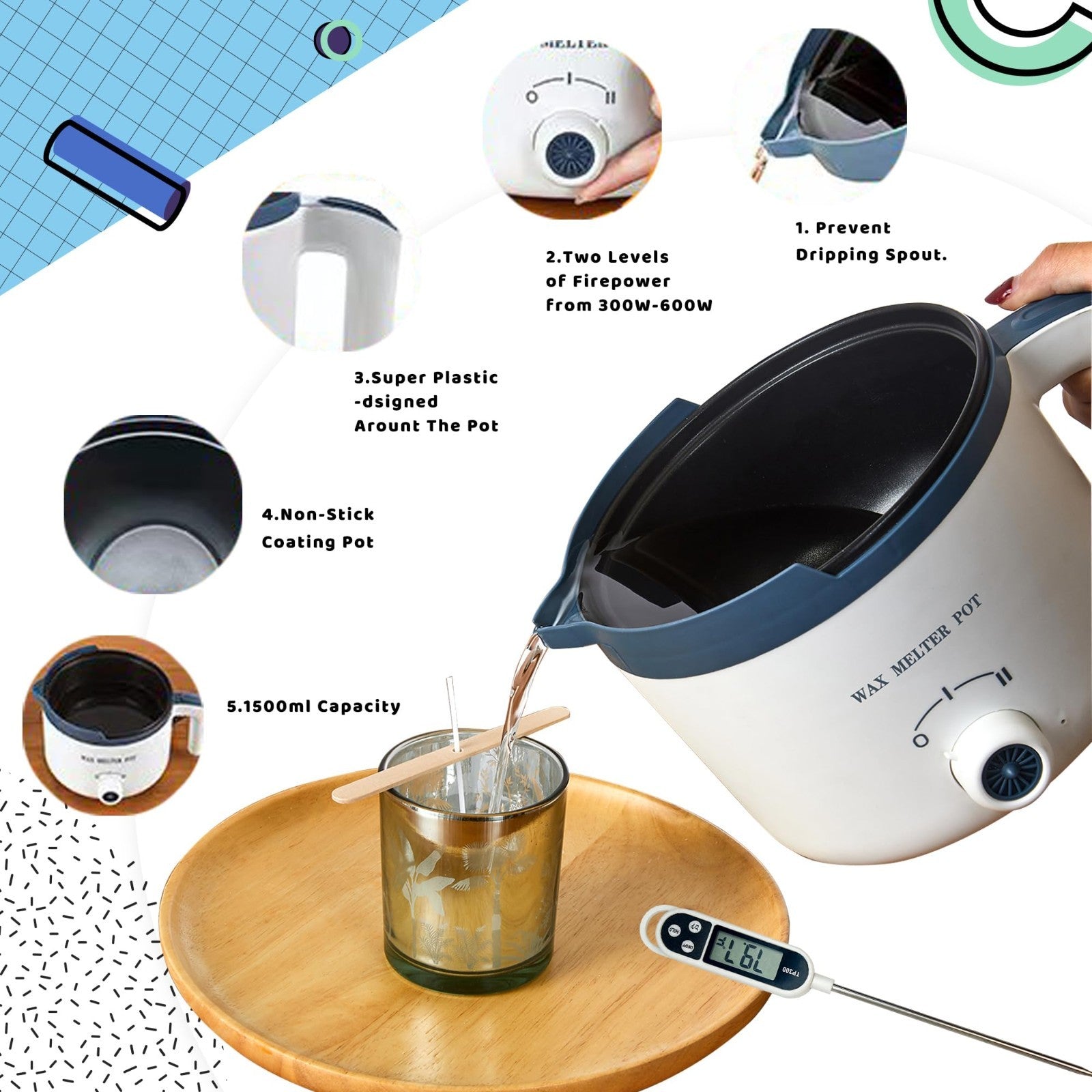 Electric Wax Melting Pot Kit for DIY Candle Making - Scale, Heat Gun & Thermomet3