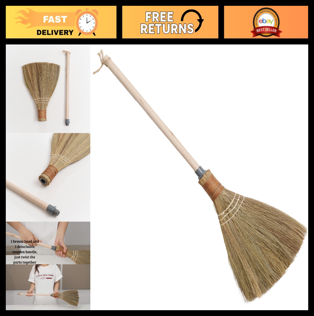 Natural Straw Broom with Wooden Handle - Indoor/Outdoor Cleaning Tool, 27.550