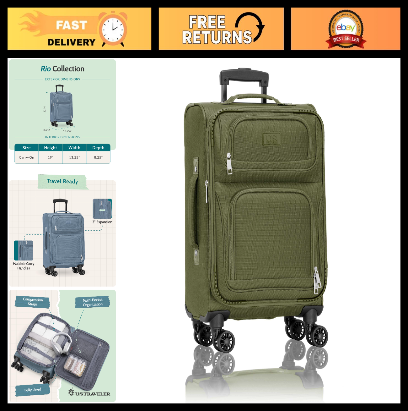 Lightweight Softside Rolling Carry-On Suitcase, 4-Wheel Travel Luggage, Green0