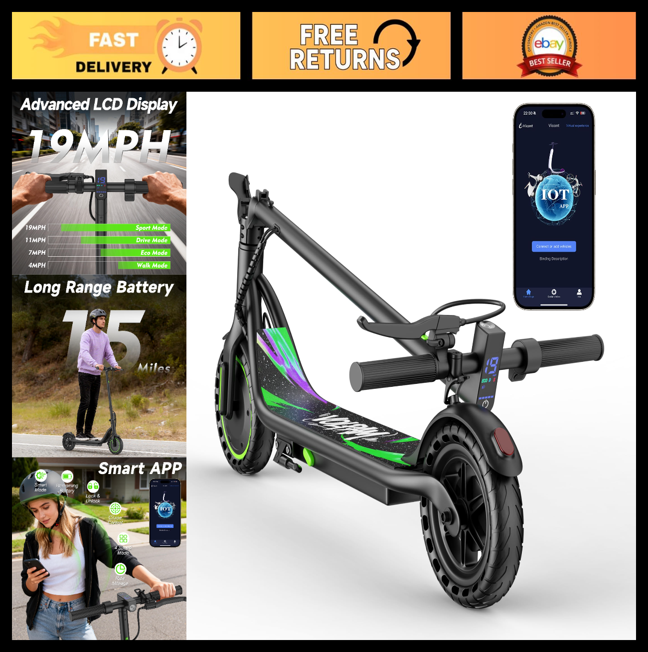 Powerful Electric Scooter 350W/500W Motor, 19MPH Speed, 21-28 Miles Range, Foldi0