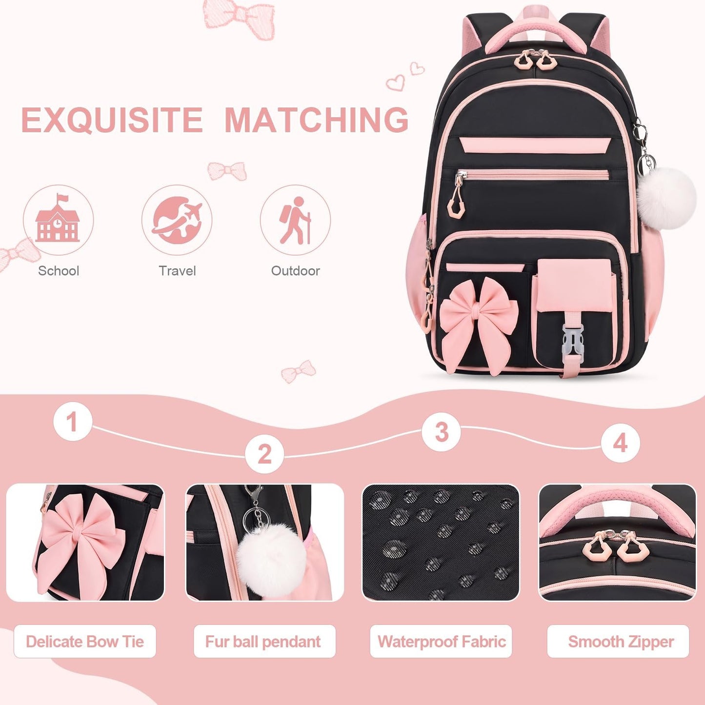 Cute Girls Backpack Set with Lunch Bag & Pencil Case   Stylish School Bag for Ki5