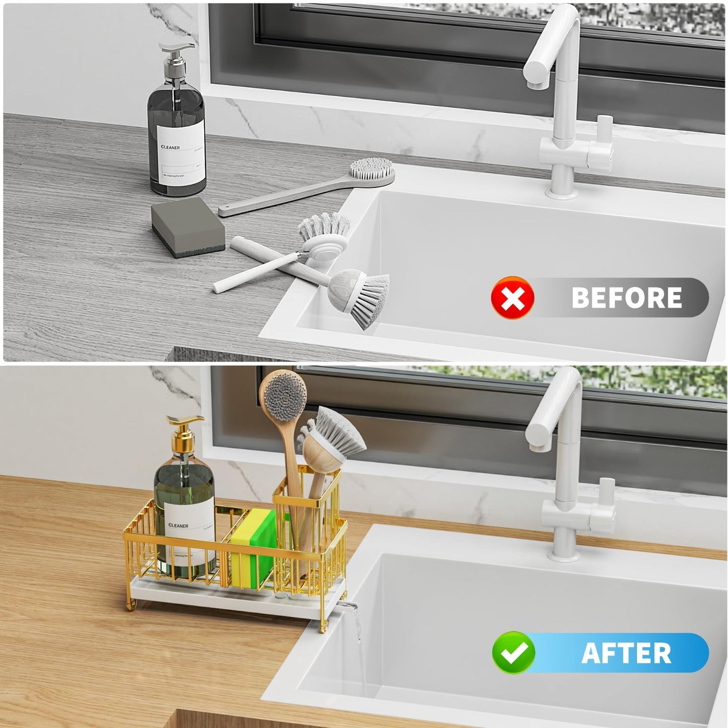 Kitchen Sink Sponge Holder Caddy Organizer, Rustproof 304 Stainless Steel, Gold,5