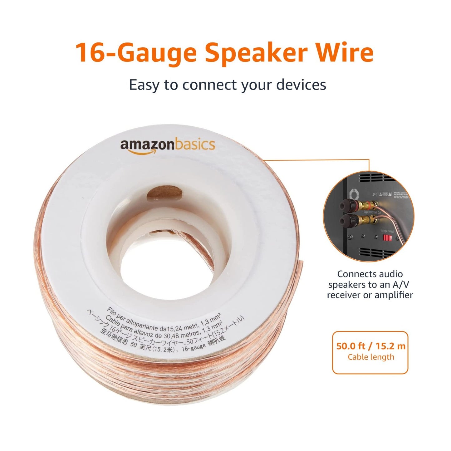 16 Gauge Speaker Wire Cable, 50ft, Polarity Marked, Transparent Audio Connection2