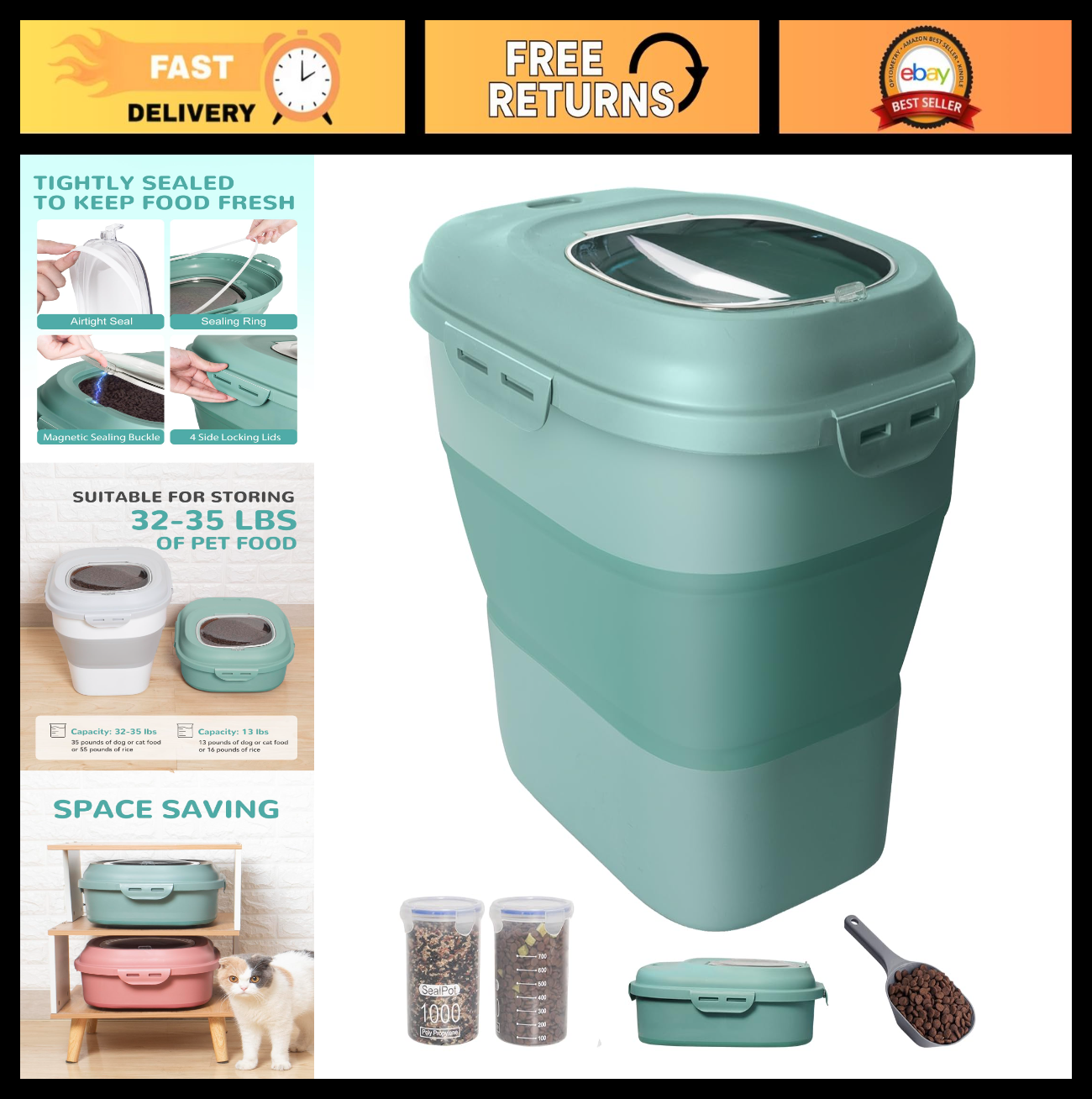 Airtight 30-35Lbs Dog Food Storage Container - Collapsible & Portable Pet Food B0