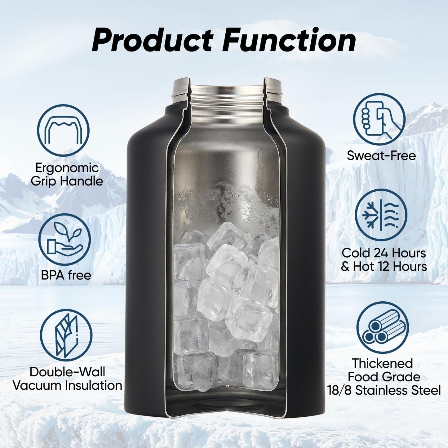 128oz Insulated Water Jug - Stainless Steel, Leak Proof, Double-Wall Vacuum, Cam4
