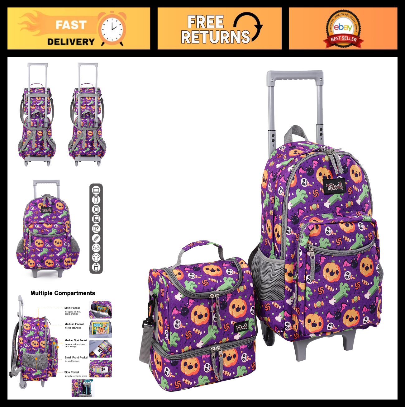 Wheeled Kids Backpack 18" Rolling Bag with Lunch Bag, Double Handle, Pumpkin Pur0