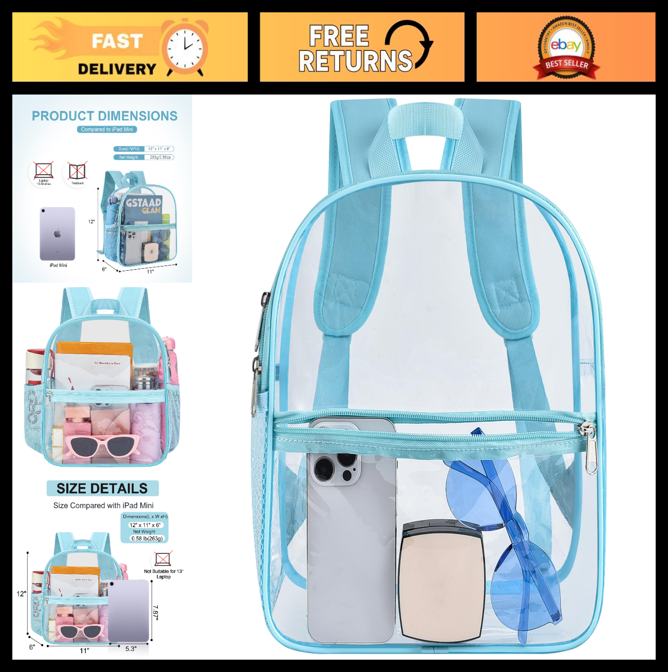 Clear Stadium Backpack - Waterproof, 12x6x12, Ideal for Concerts & Sports Events0
