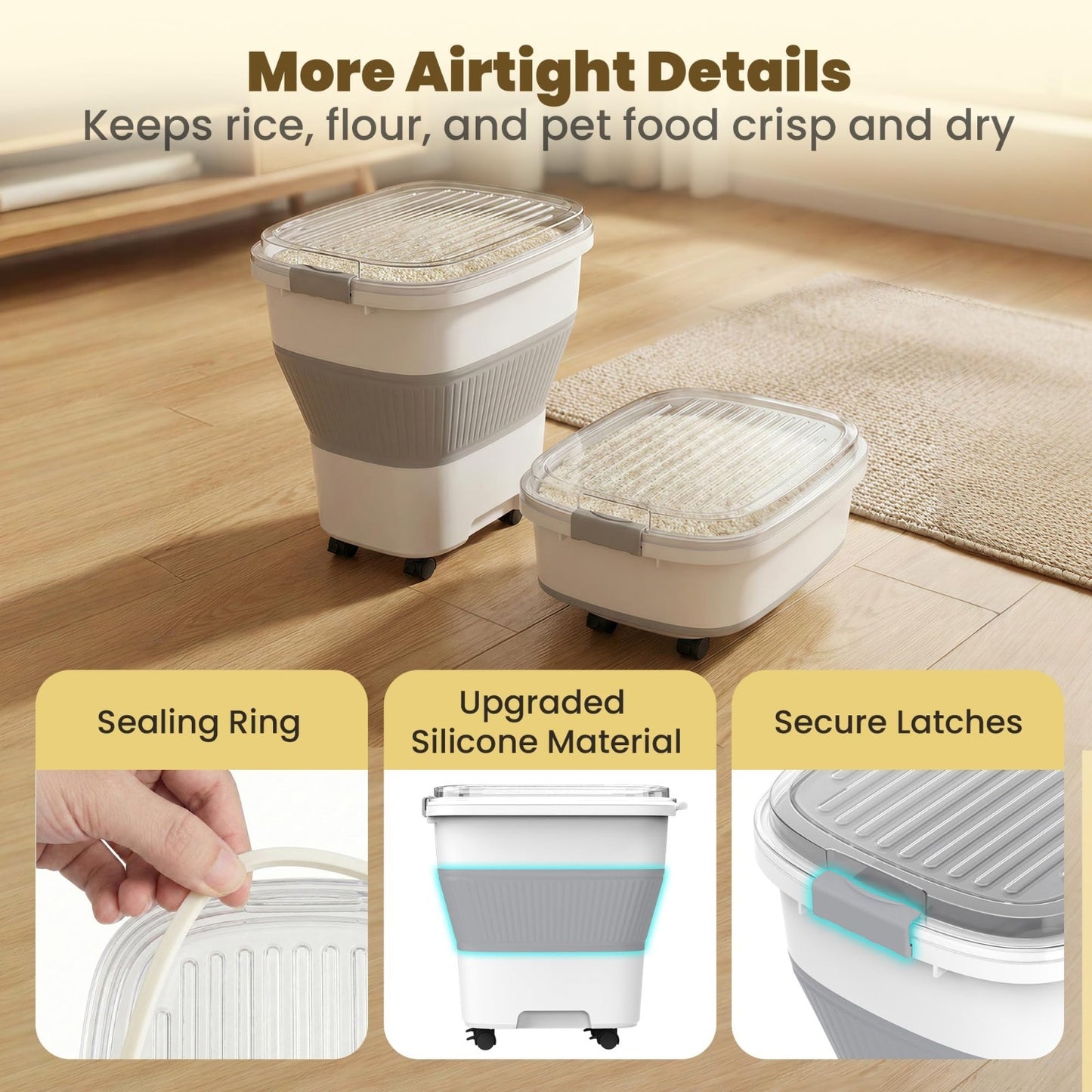 50Lbs Collapsible Airtight Rice Storage Container, Food Organizer, Space Saving5